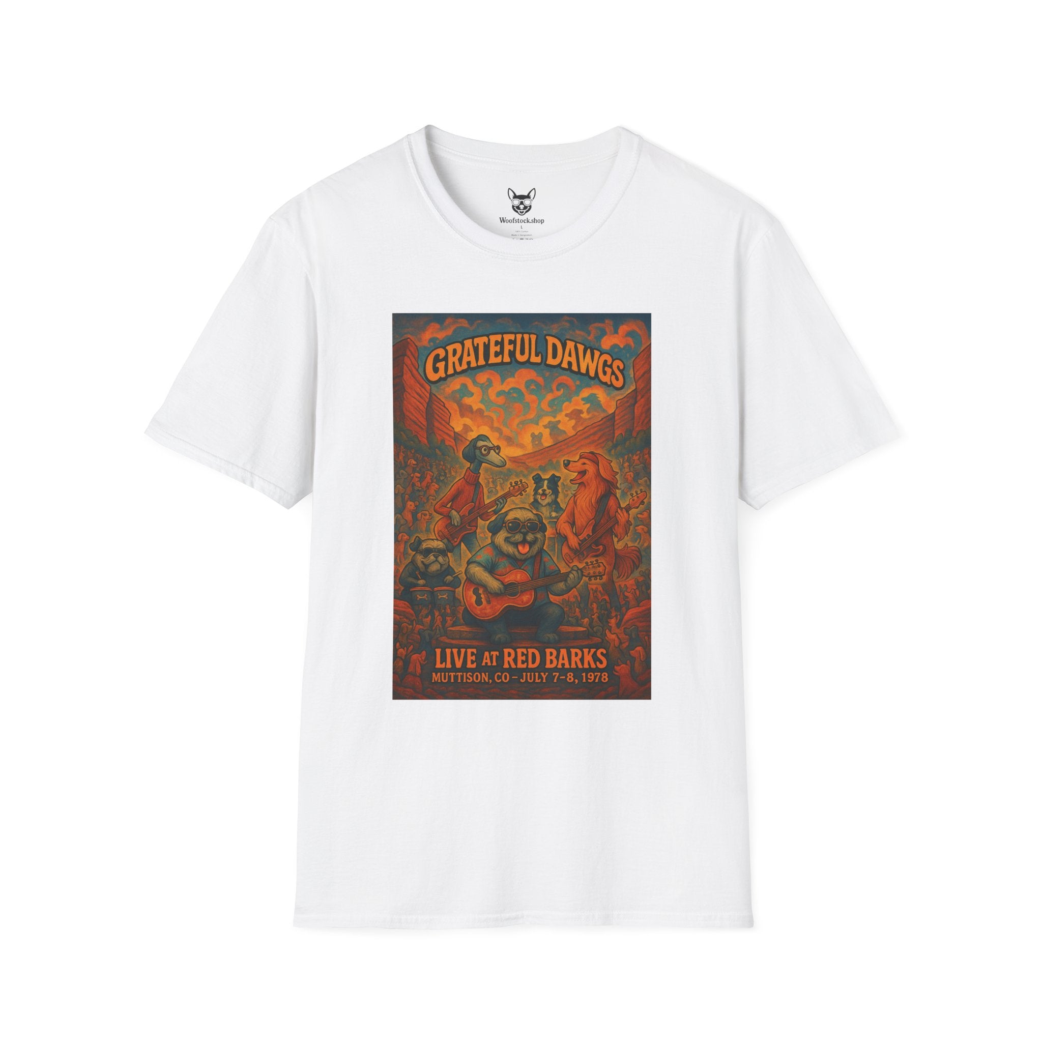 Grateful Dead Concert Poster Dog Parody Unisex Softstyle T-Shirt – Funny Tee for Music and Dog Lovers