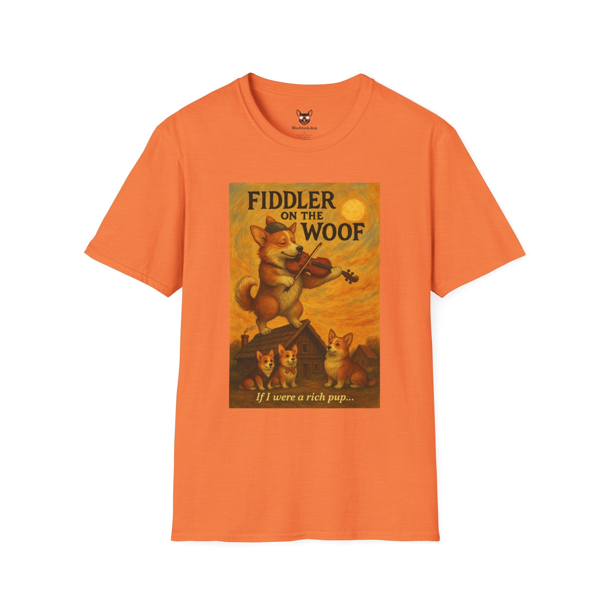 Fiddler on the Woof Broadway Poster Dog Parody Unisex Softstyle T-Shirt -- Funny Broadway Movie Tee for Theater and Dog Lovers
