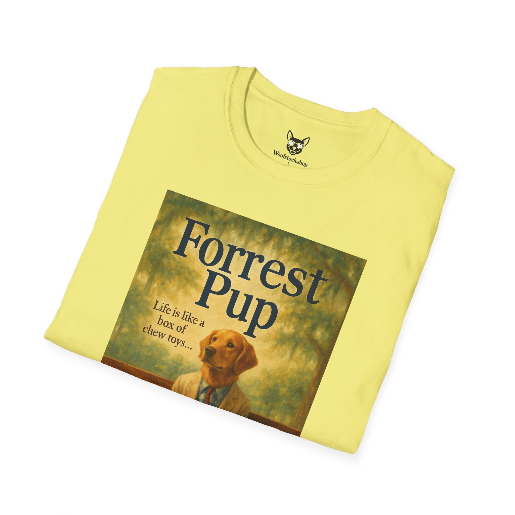 Forrest Gump Movie Poster Dog Parody Unisex Softstyle T-Shirt -- Funny Dog Movie Tee for Film and Dog Lovers