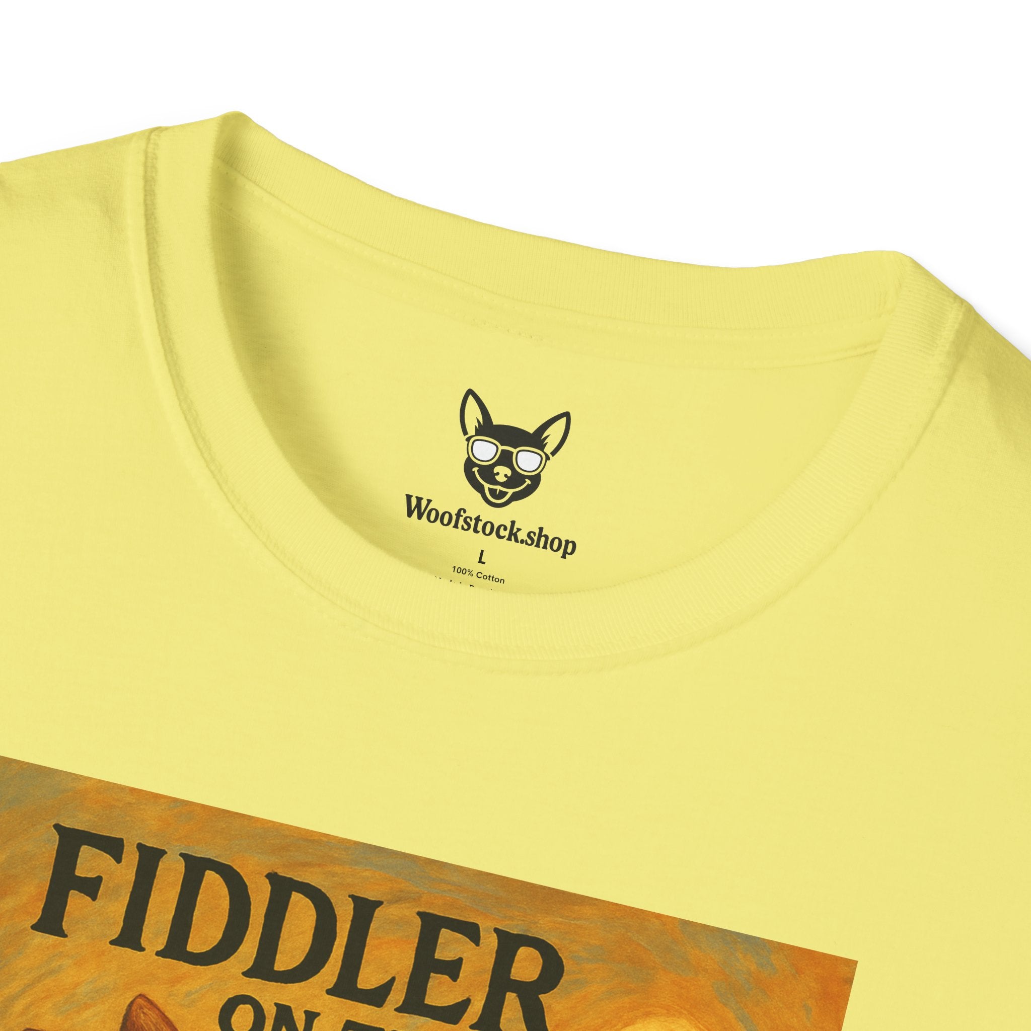 Fiddler on the Woof Broadway Poster Dog Parody Unisex Softstyle T-Shirt -- Funny Broadway Movie Tee for Theater and Dog Lovers