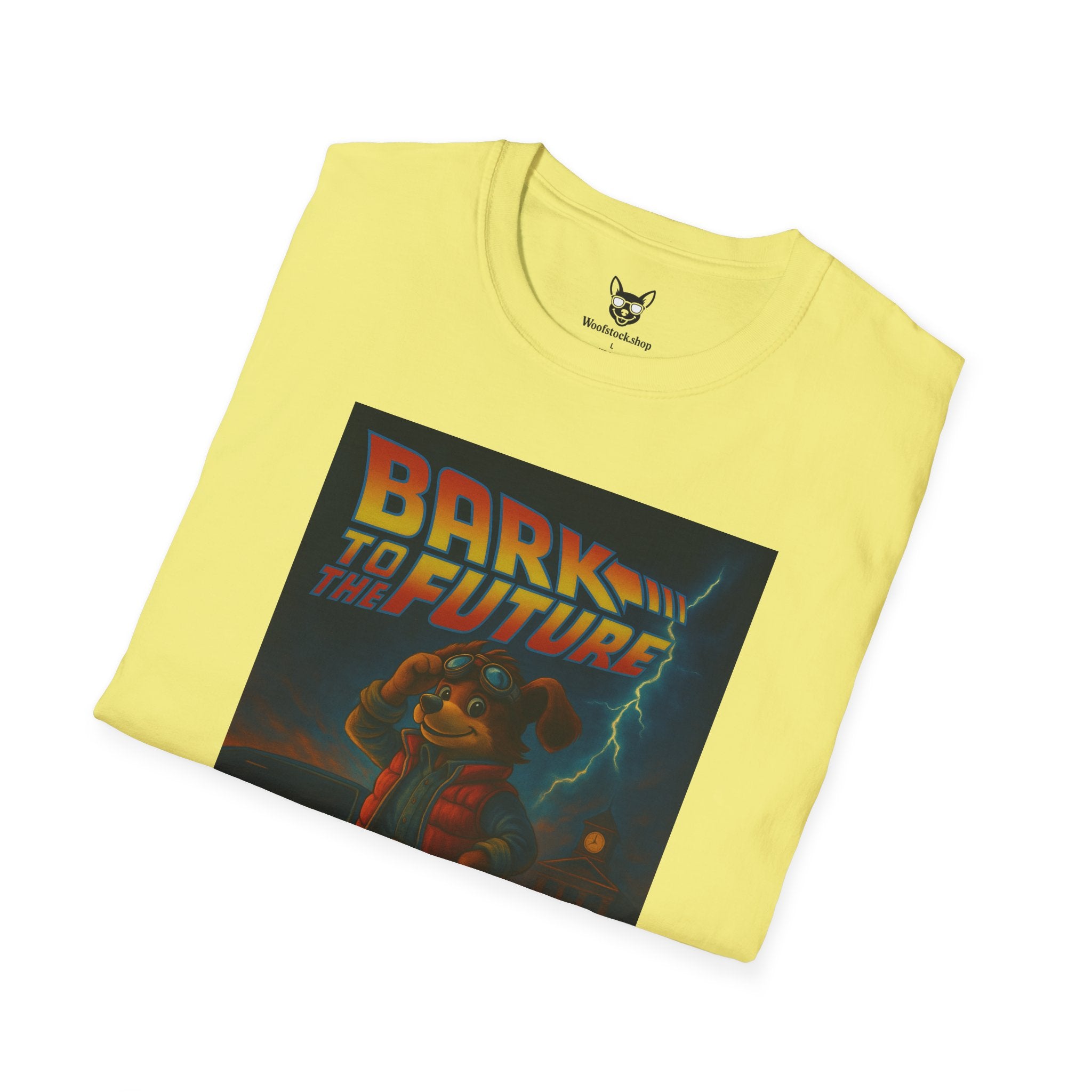 Back to the Future Movie Poster Dog Parody Unisex Softstyle T-Shirt -- Funny Dog Movie Tee for Film and Dog Lovers