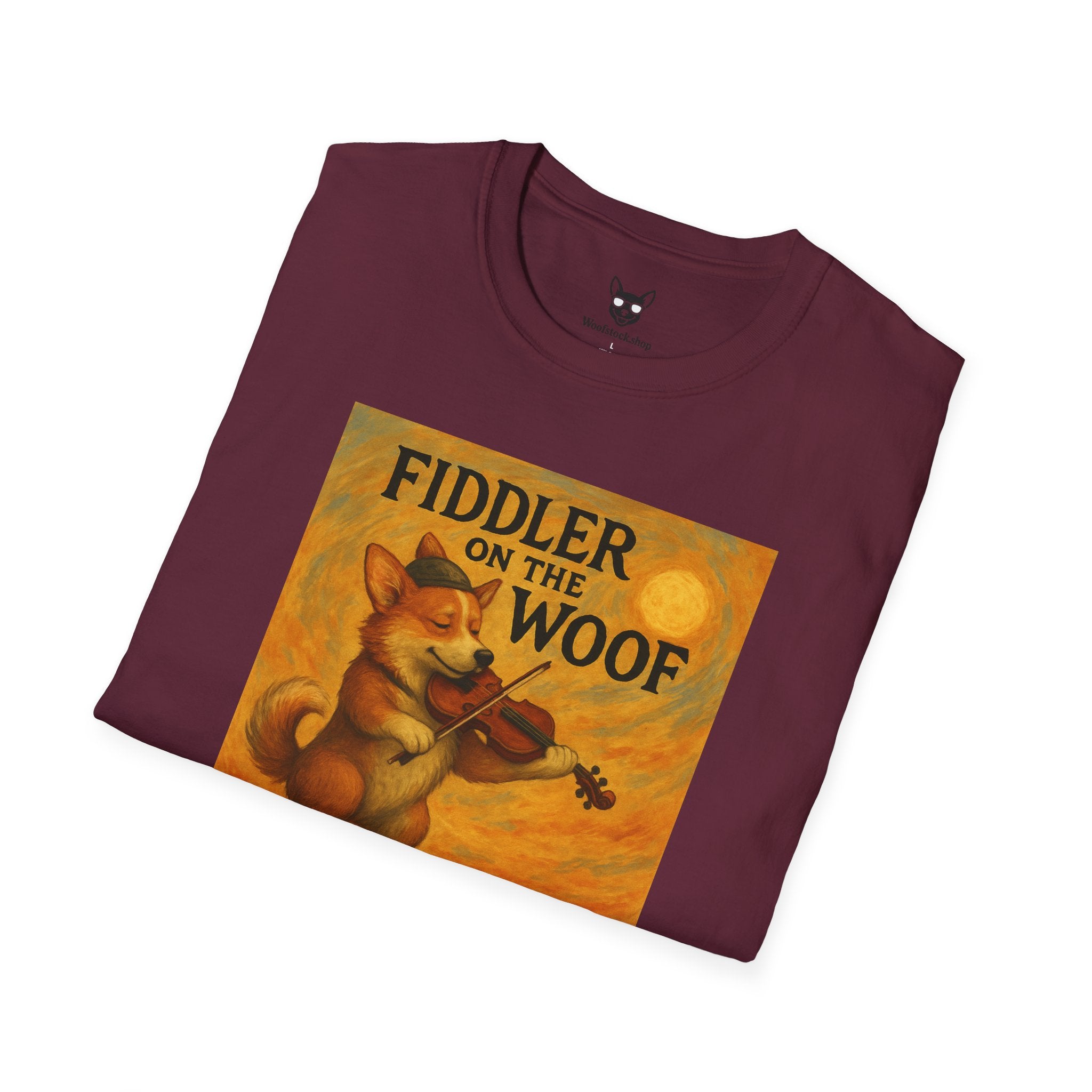 Fiddler on the Woof Broadway Poster Dog Parody Unisex Softstyle T-Shirt -- Funny Broadway Movie Tee for Theater and Dog Lovers