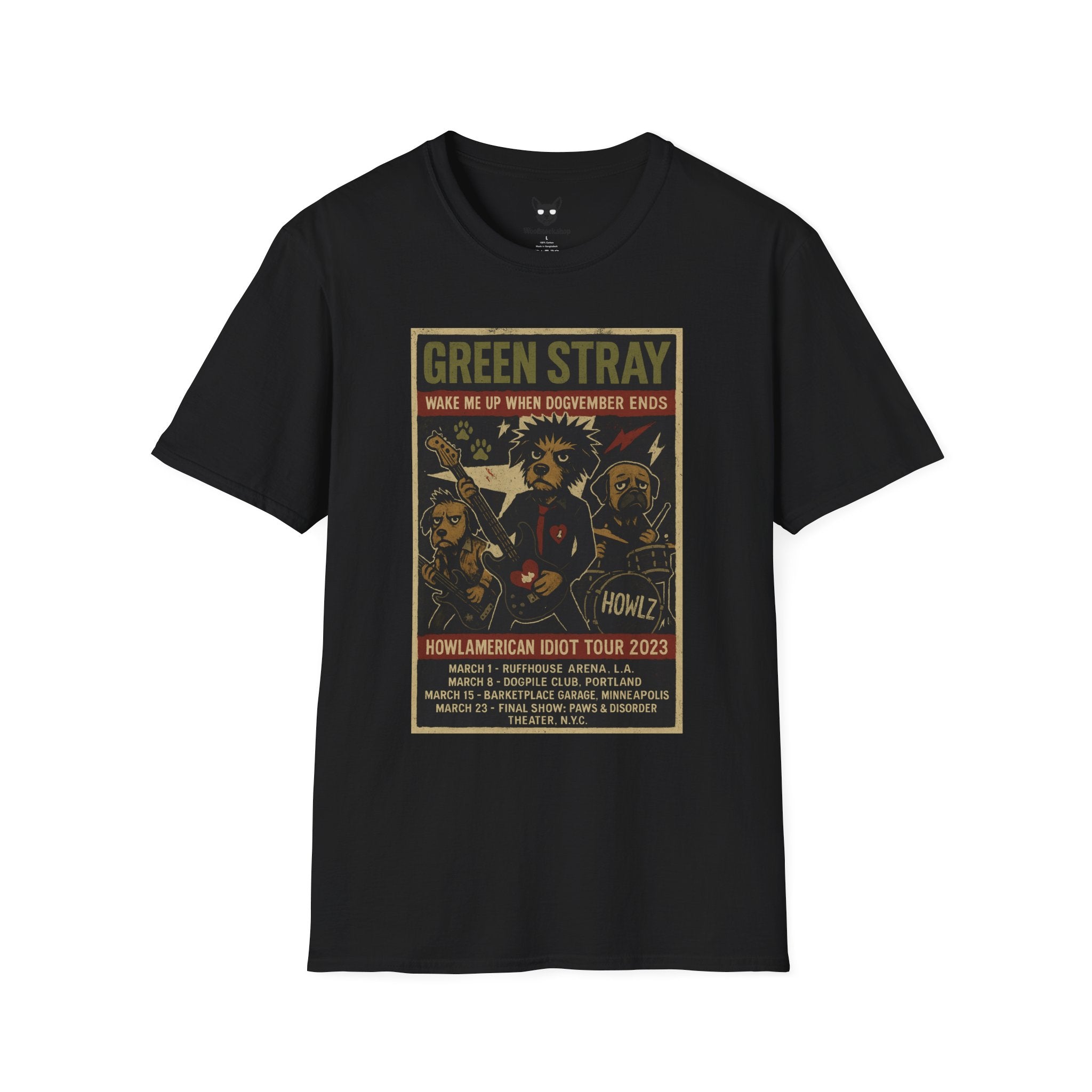 Green Day Concert Poster Dog Parody Unisex Softstyle T-Shirt – Funny Tee for Music and Dog Lovers