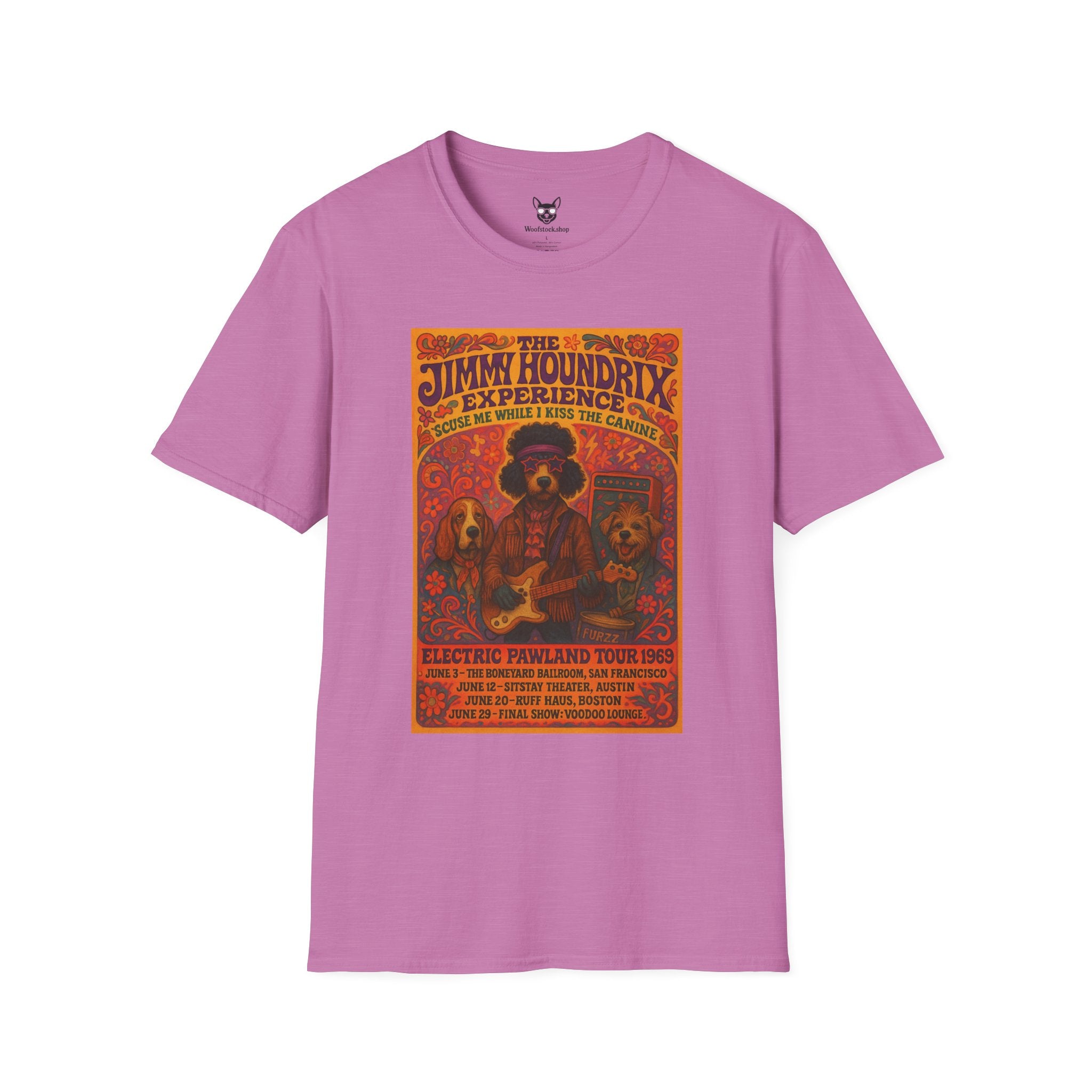 Jimi Hendrix Concert Poster Dog Parody Unisex Softstyle T-Shirt -- Funny Rock Tee for Music and Dog Lovers