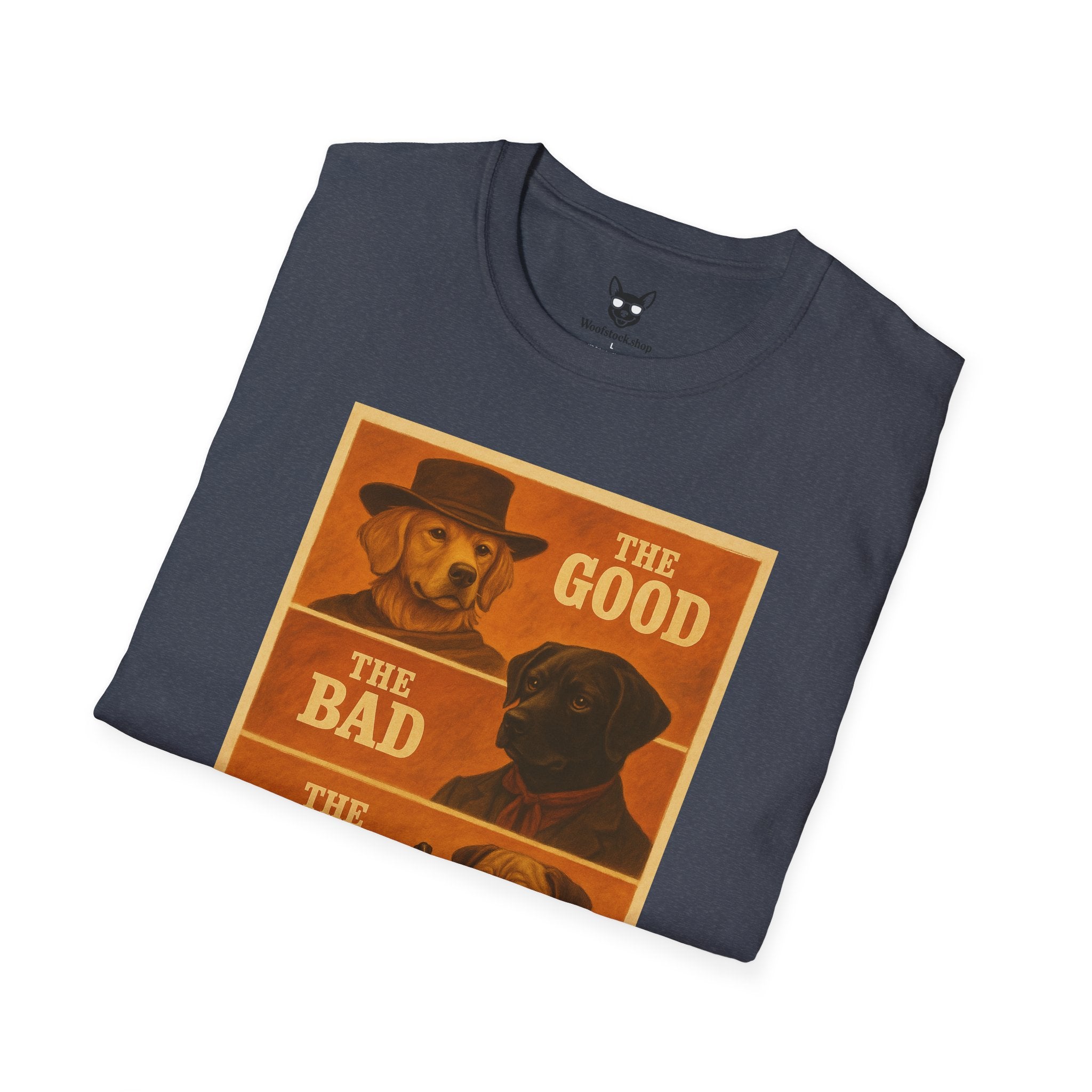 The Good, The Bad, & The Ugly Movie Poster Dog Parody Unisex Softstyle T-Shirt – Funny Movie Tee for Film and Dog Lovers