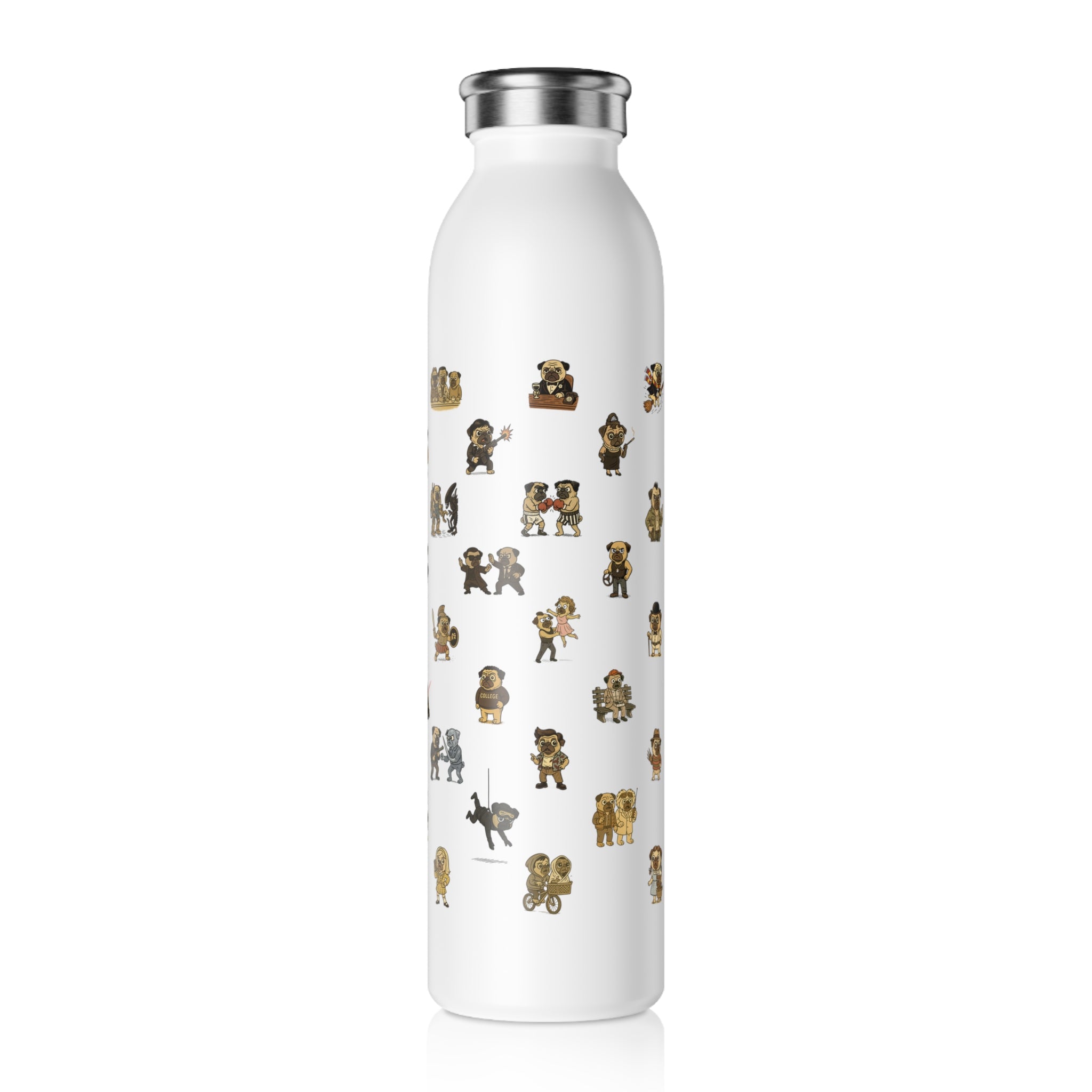 Movie Pugs Slim Water Bottle -- Funny Gift for Movies and Dog Lovers