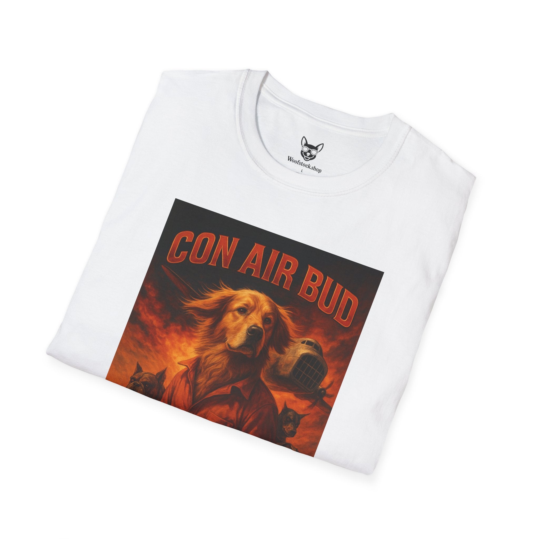 Con Air Movie Poster Dog Parody Unisex Softstyle T-Shirt – Funny Action Movie Tee for Film and Dog Lovers