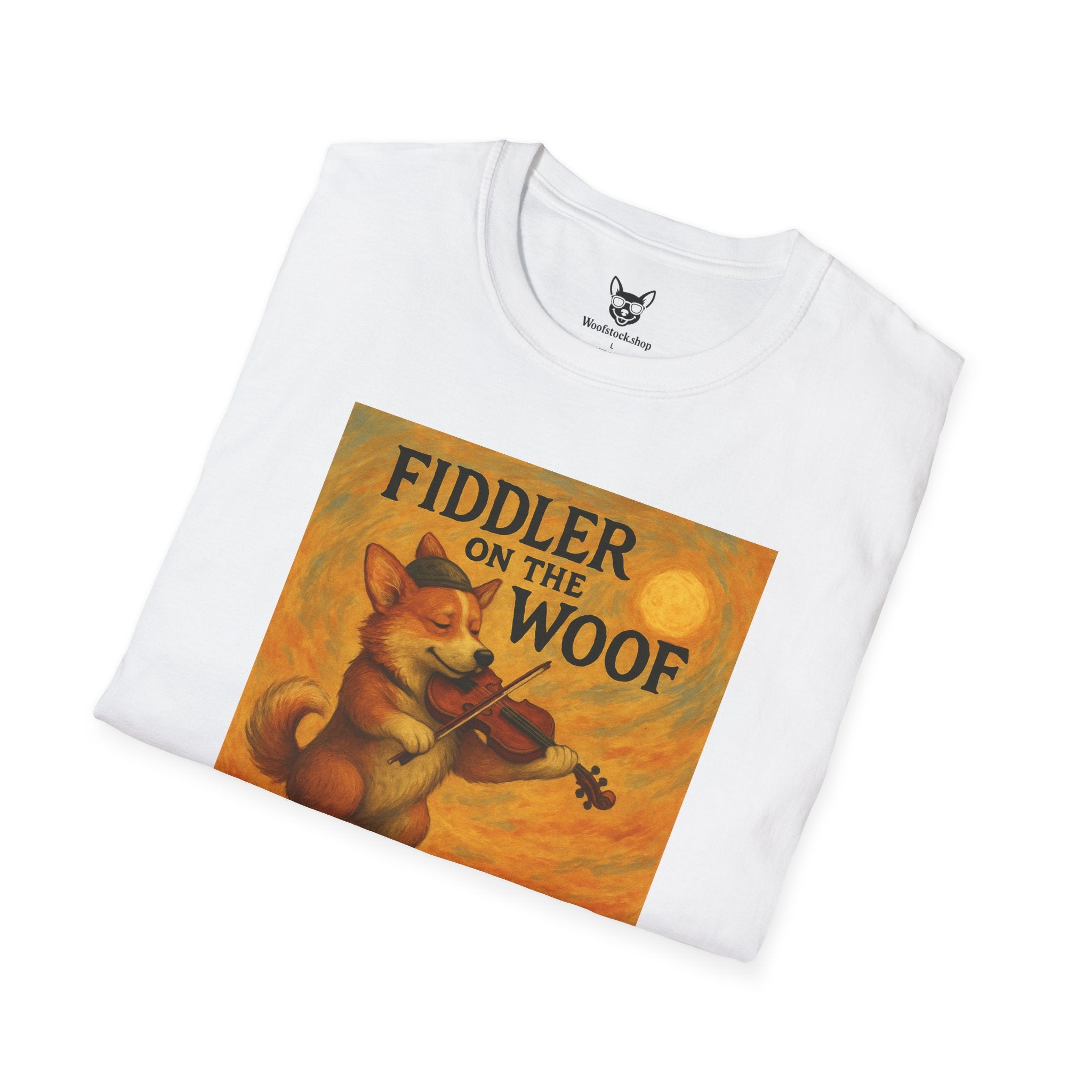Fiddler on the Woof Broadway Poster Dog Parody Unisex Softstyle T-Shirt -- Funny Broadway Movie Tee for Theater and Dog Lovers