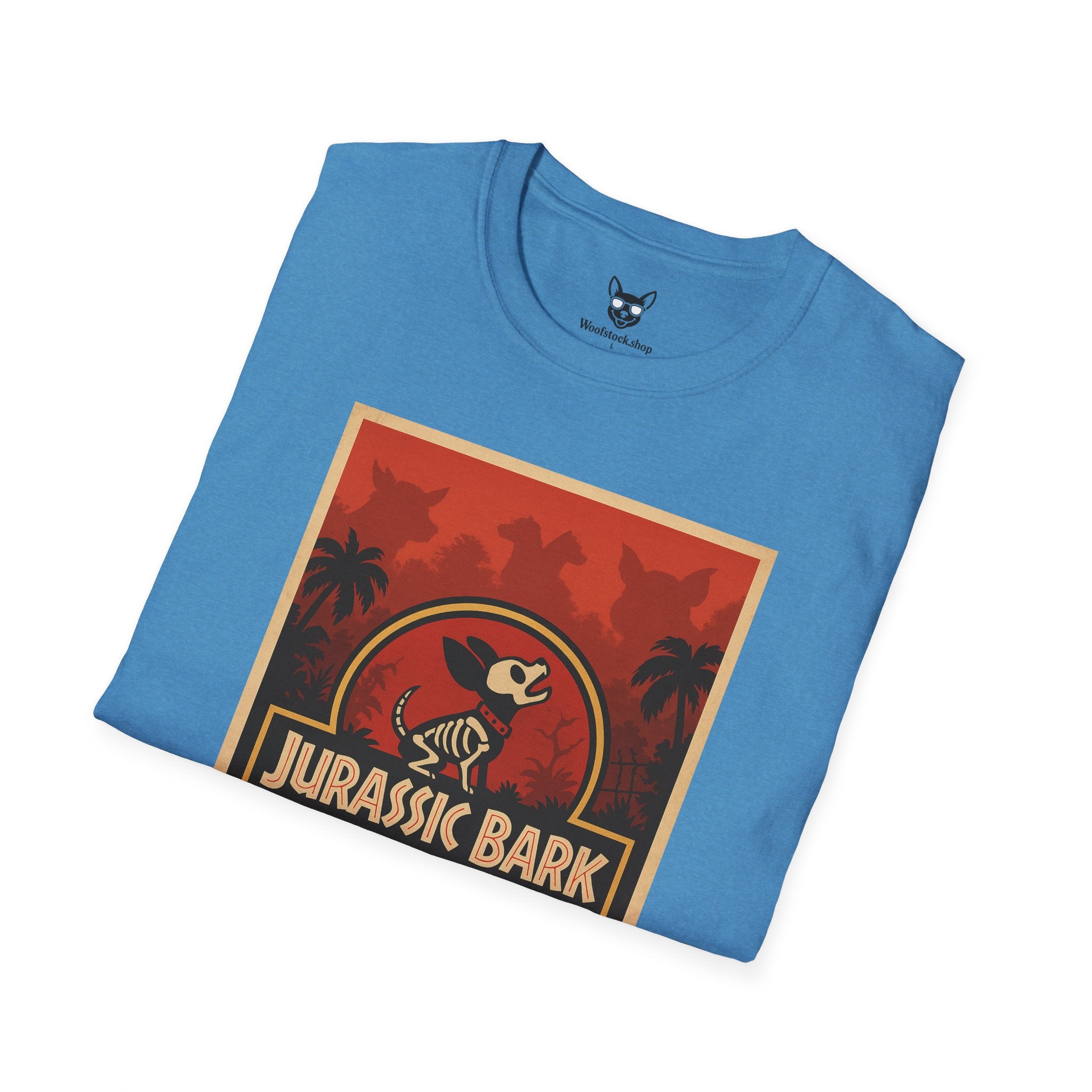 Jurassic Park Movie Poster Dog Parody Unisex Softstyle T-Shirt -- Funny Dog Movie Tee for Film and Dog Lovers