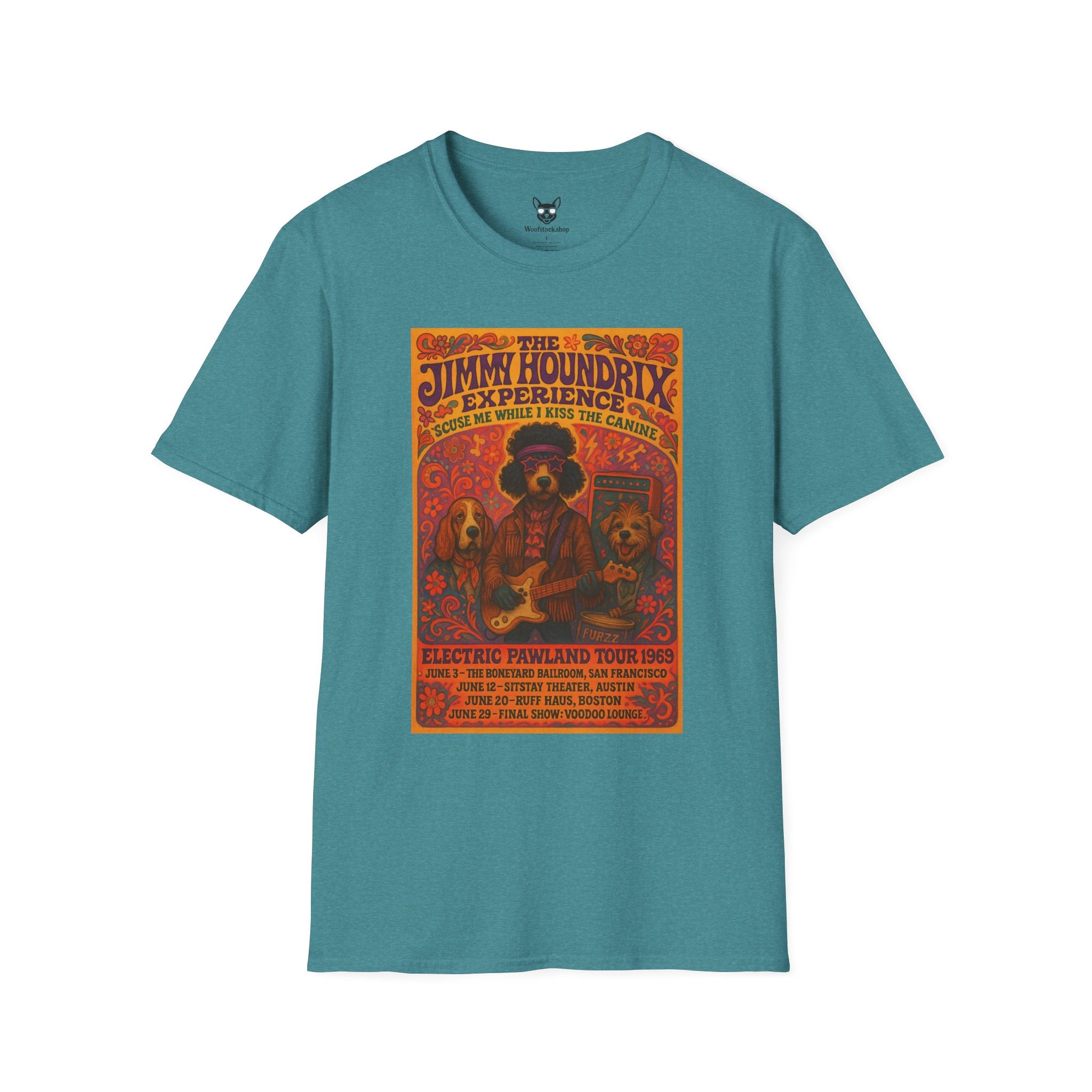 Jimi Hendrix Concert Poster Dog Parody Unisex Softstyle T-Shirt -- Funny Rock Tee for Music and Dog Lovers