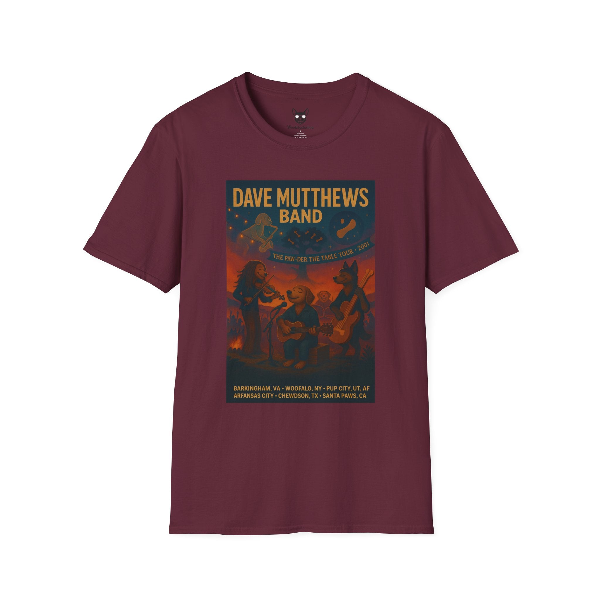 Dave Matthews Band Concert Poster Dog Parody Unisex Softstyle T-Shirt -- Funny Dog Concert Tee for Music and Dog Lovers