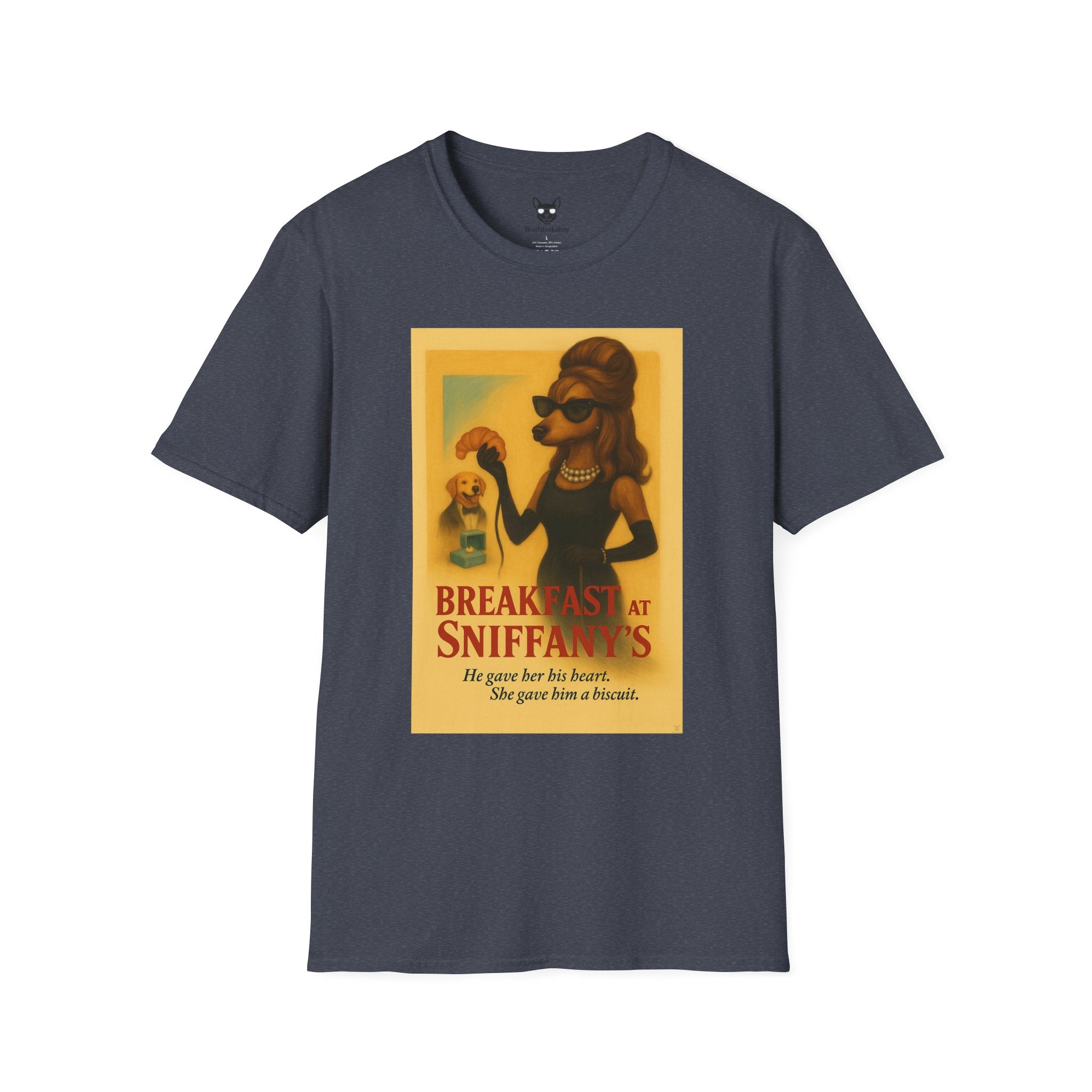 Breakfast at Tiffany's Movie Poster Dog Parody Unisex Softstyle T-Shirt -- Funny Audrey Hepburn Movie Tee for Film and Dog Lovers
