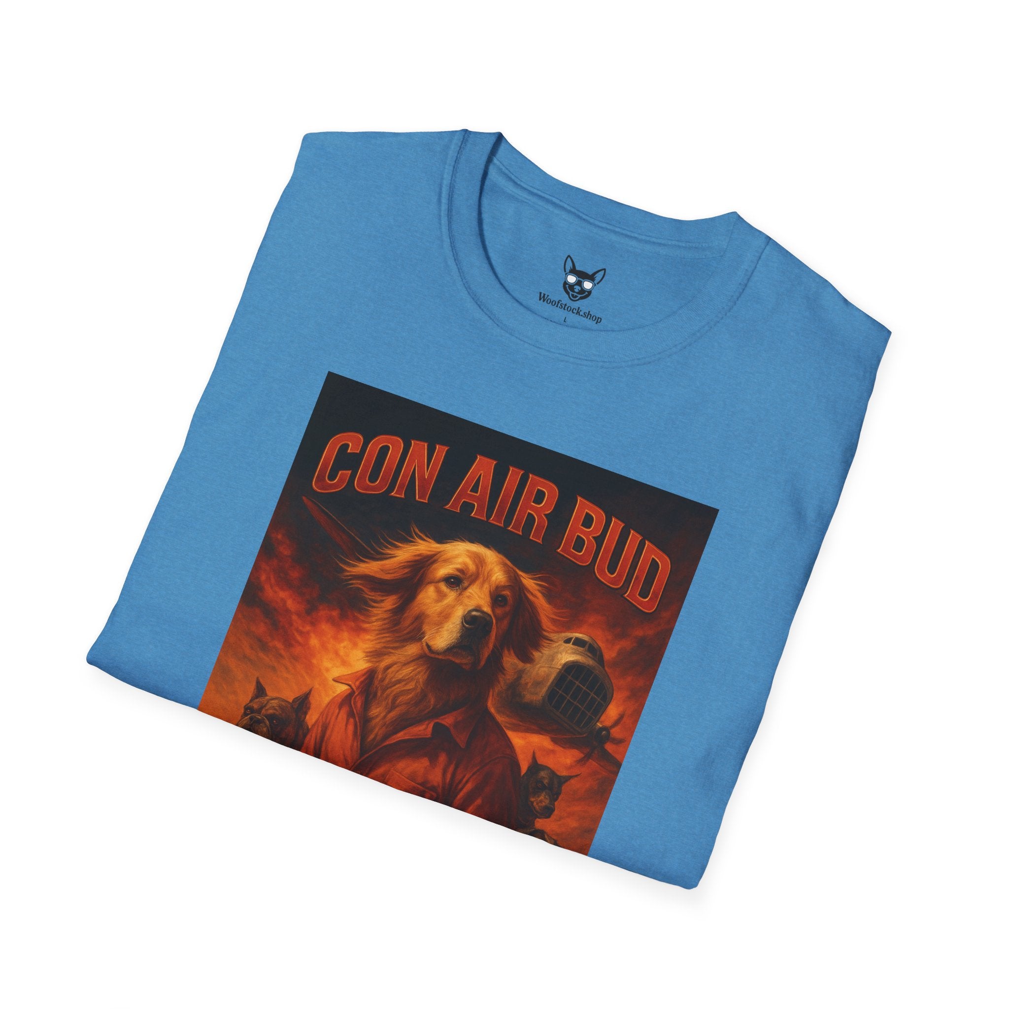 Con Air Movie Poster Dog Parody Unisex Softstyle T-Shirt – Funny Action Movie Tee for Film and Dog Lovers