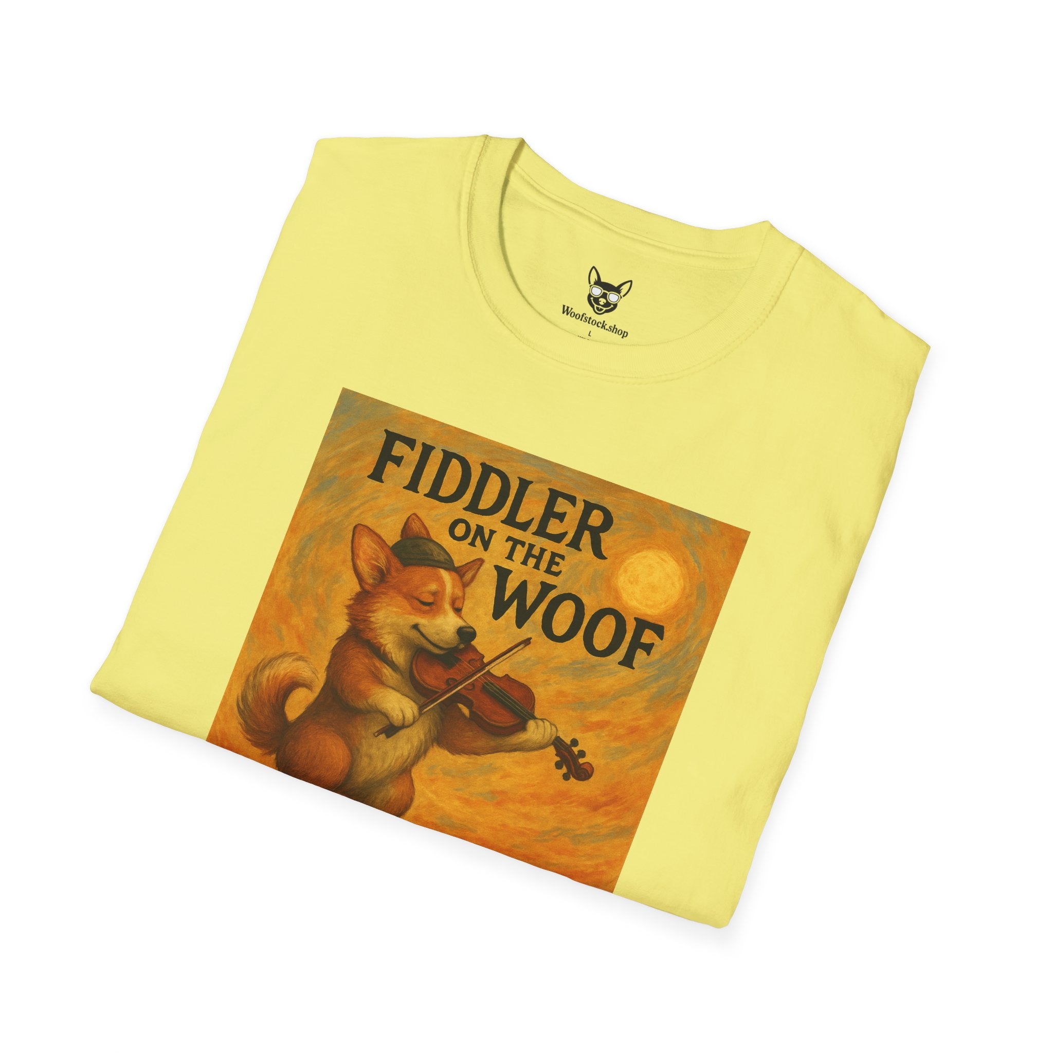 Fiddler on the Woof Broadway Poster Dog Parody Unisex Softstyle T-Shirt -- Funny Broadway Movie Tee for Theater and Dog Lovers