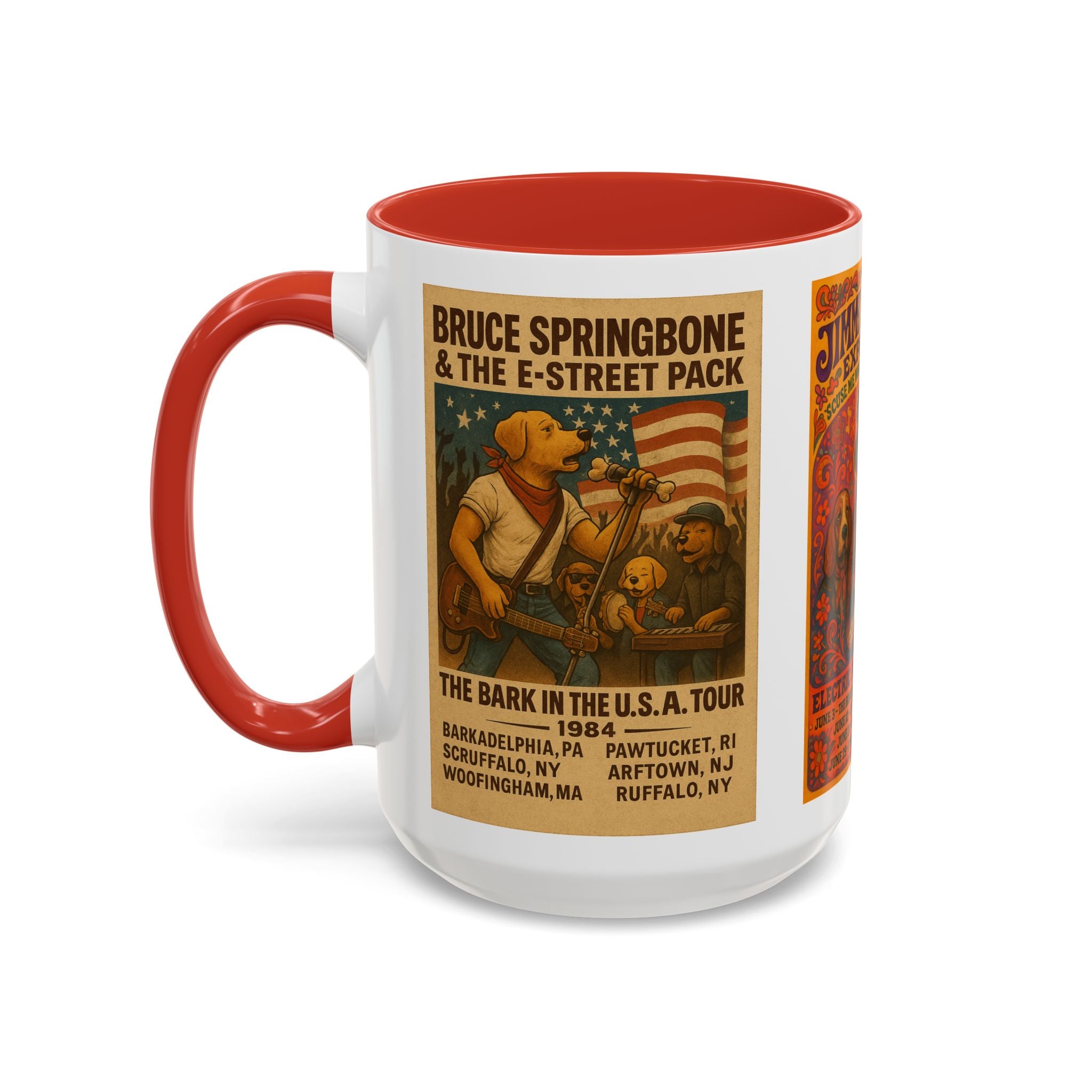 Concert Poster Dog Parody Mug – Funny Bruce Springsteen, Jimi Hendrix, and Fleetwood Mac Parody Gift