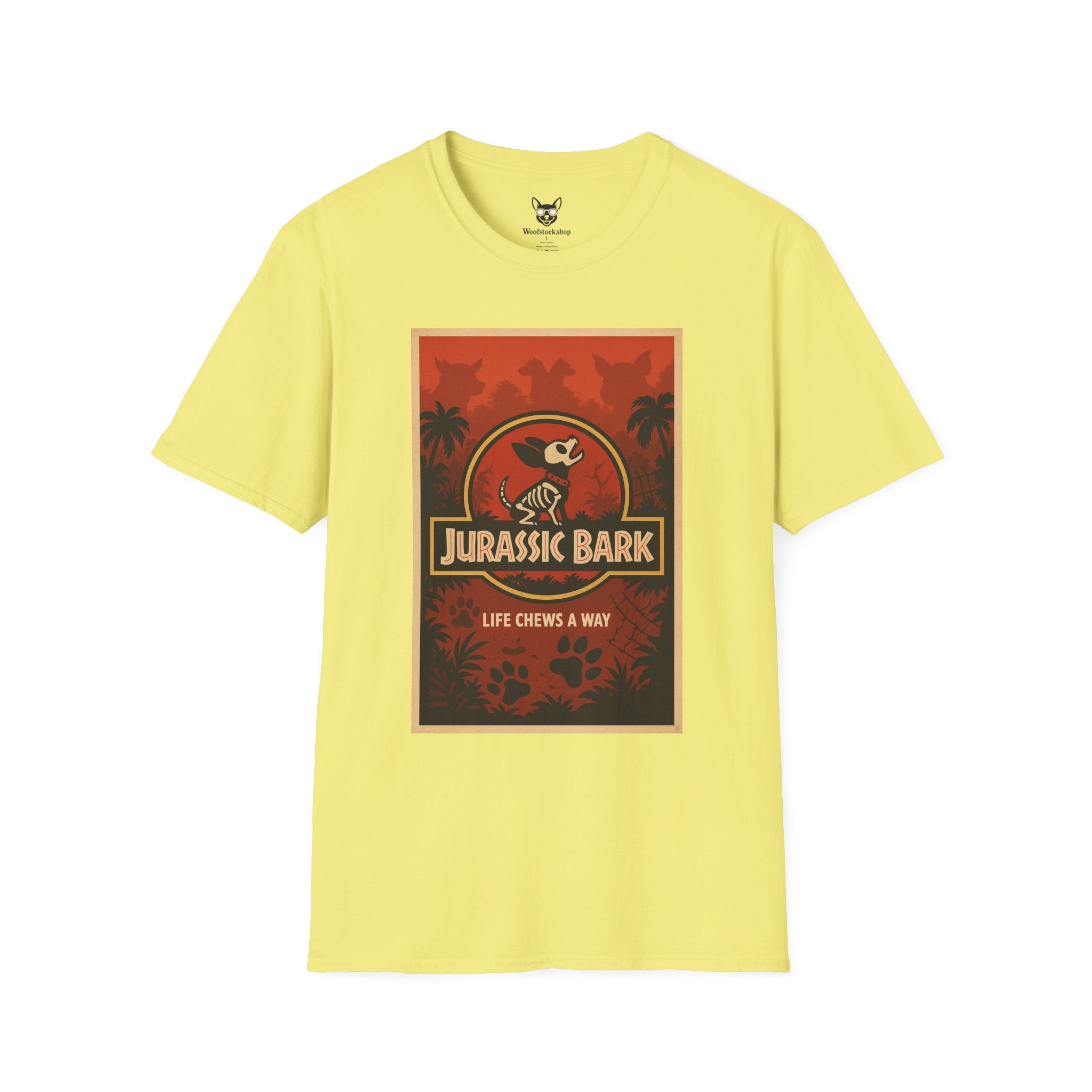 Jurassic Park Movie Poster Dog Parody Unisex Softstyle T-Shirt -- Funny Dog Movie Tee for Film and Dog Lovers