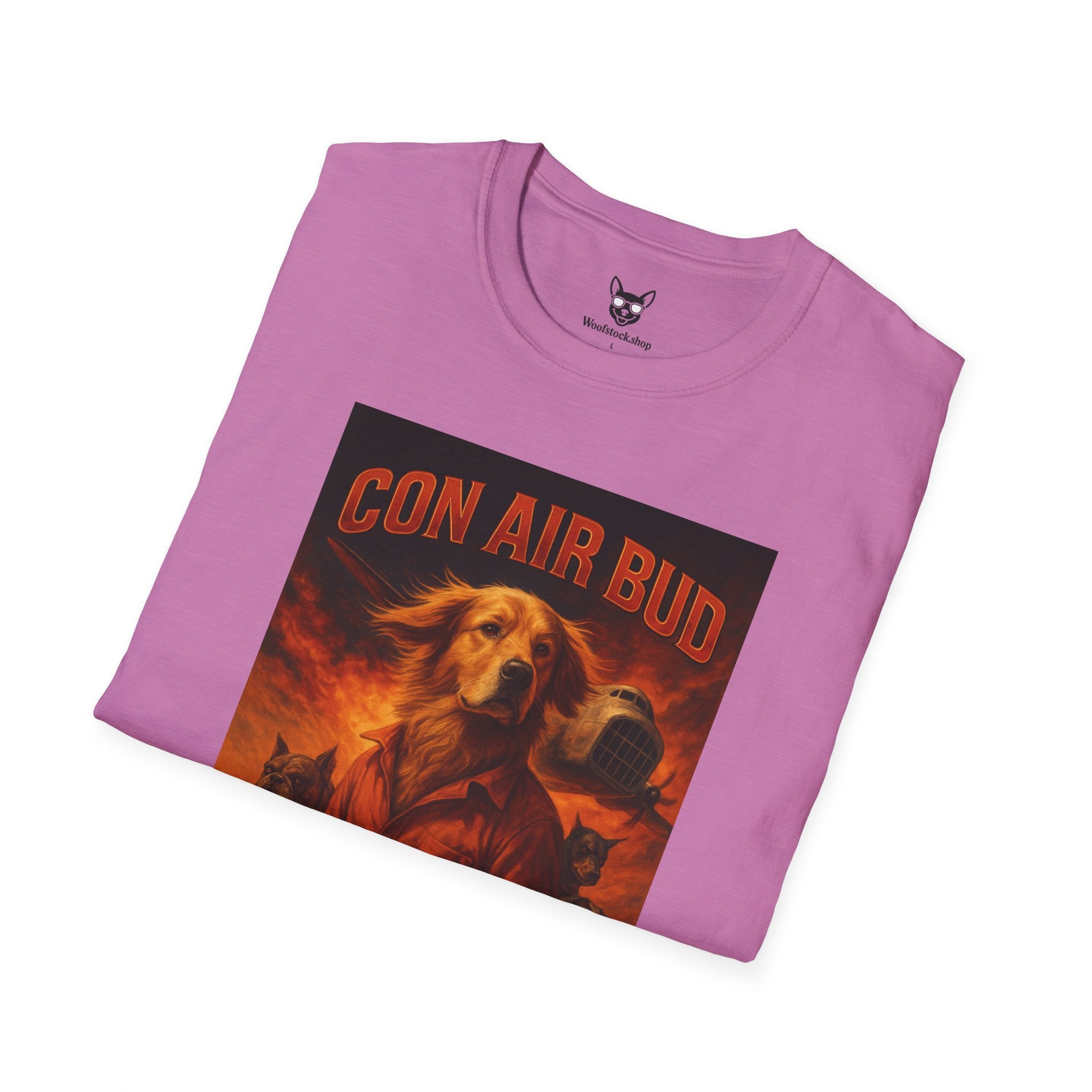 Con Air Movie Poster Dog Parody Unisex Softstyle T-Shirt – Funny Action Movie Tee for Film and Dog Lovers