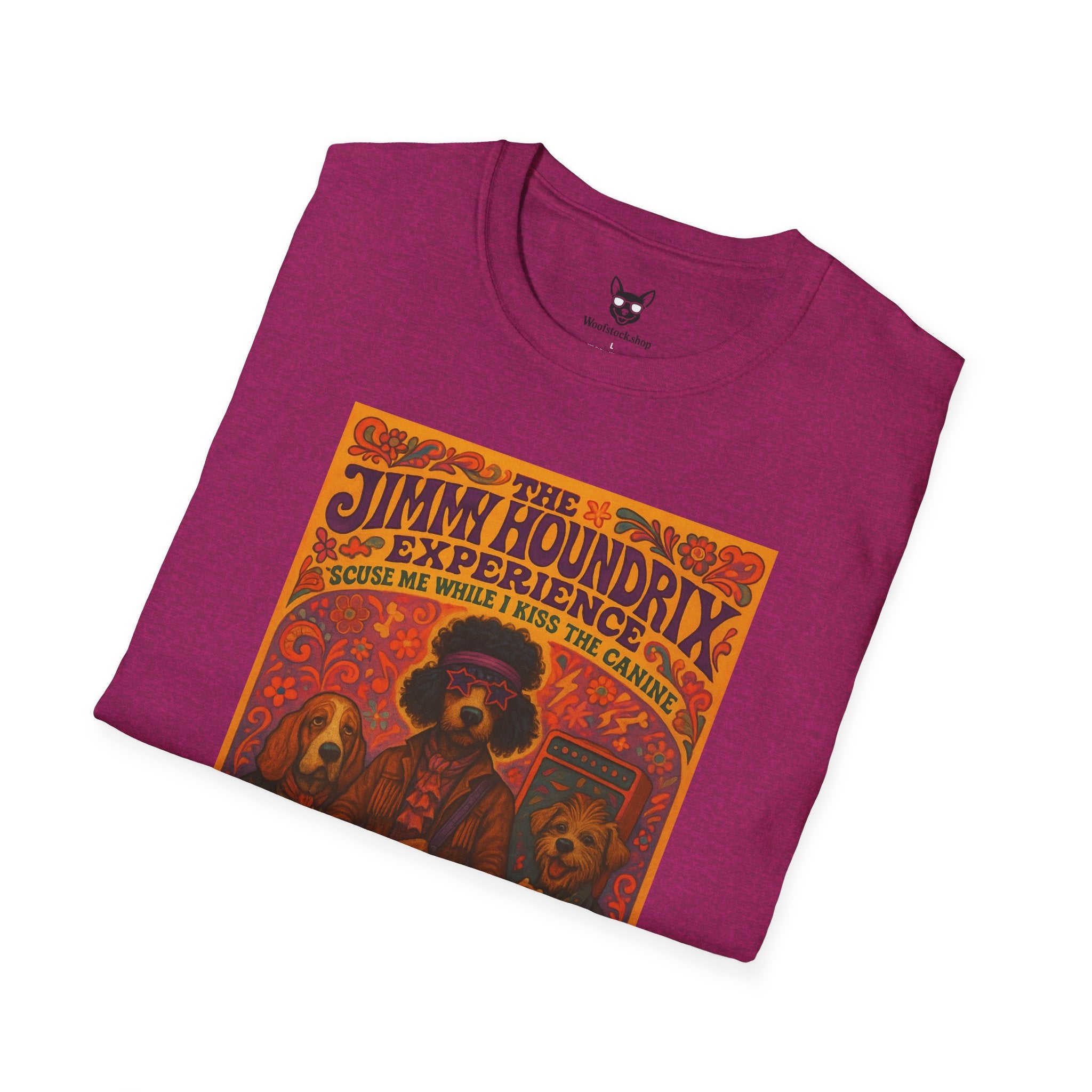 Jimi Hendrix Concert Poster Dog Parody Unisex Softstyle T-Shirt -- Funny Rock Tee for Music and Dog Lovers