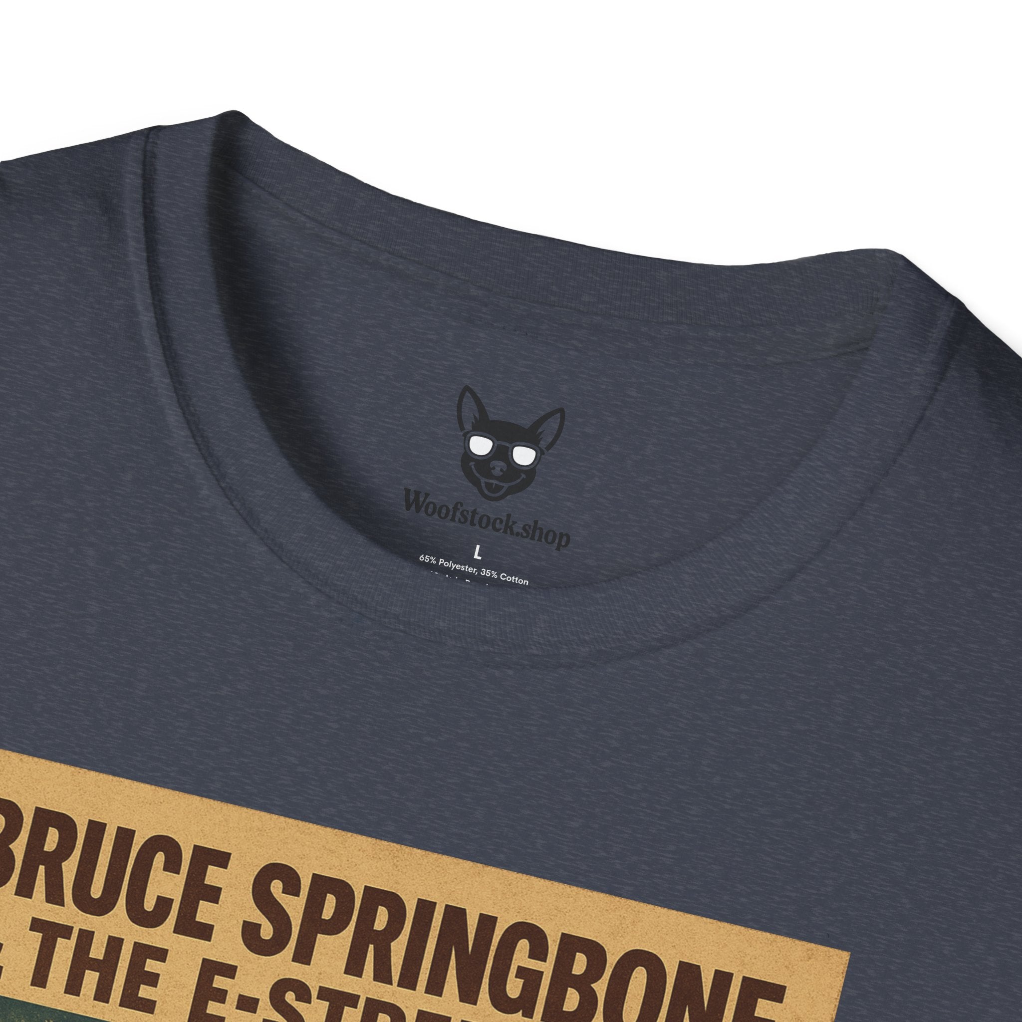 Bruce Springsteen Concert Poster Dog Parody Unisex Softstyle T-Shirt -- Funny Rock Tee for Music and Dog Lovers