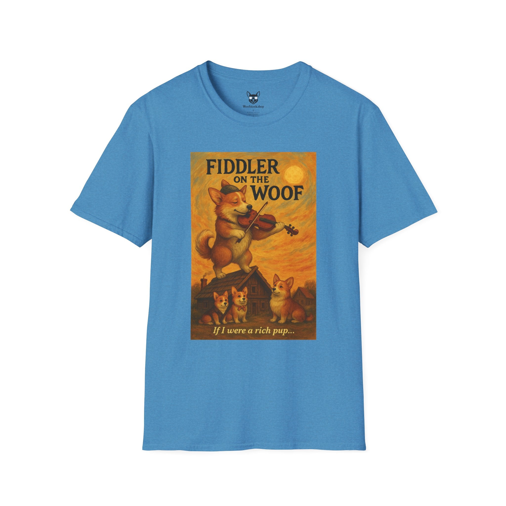 Fiddler on the Woof Broadway Poster Dog Parody Unisex Softstyle T-Shirt -- Funny Broadway Movie Tee for Theater and Dog Lovers
