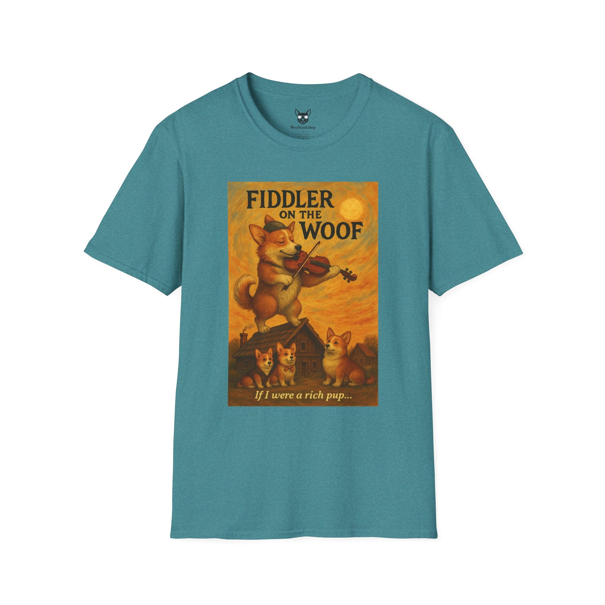 Fiddler on the Woof Broadway Poster Dog Parody Unisex Softstyle T-Shirt -- Funny Broadway Movie Tee for Theater and Dog Lovers