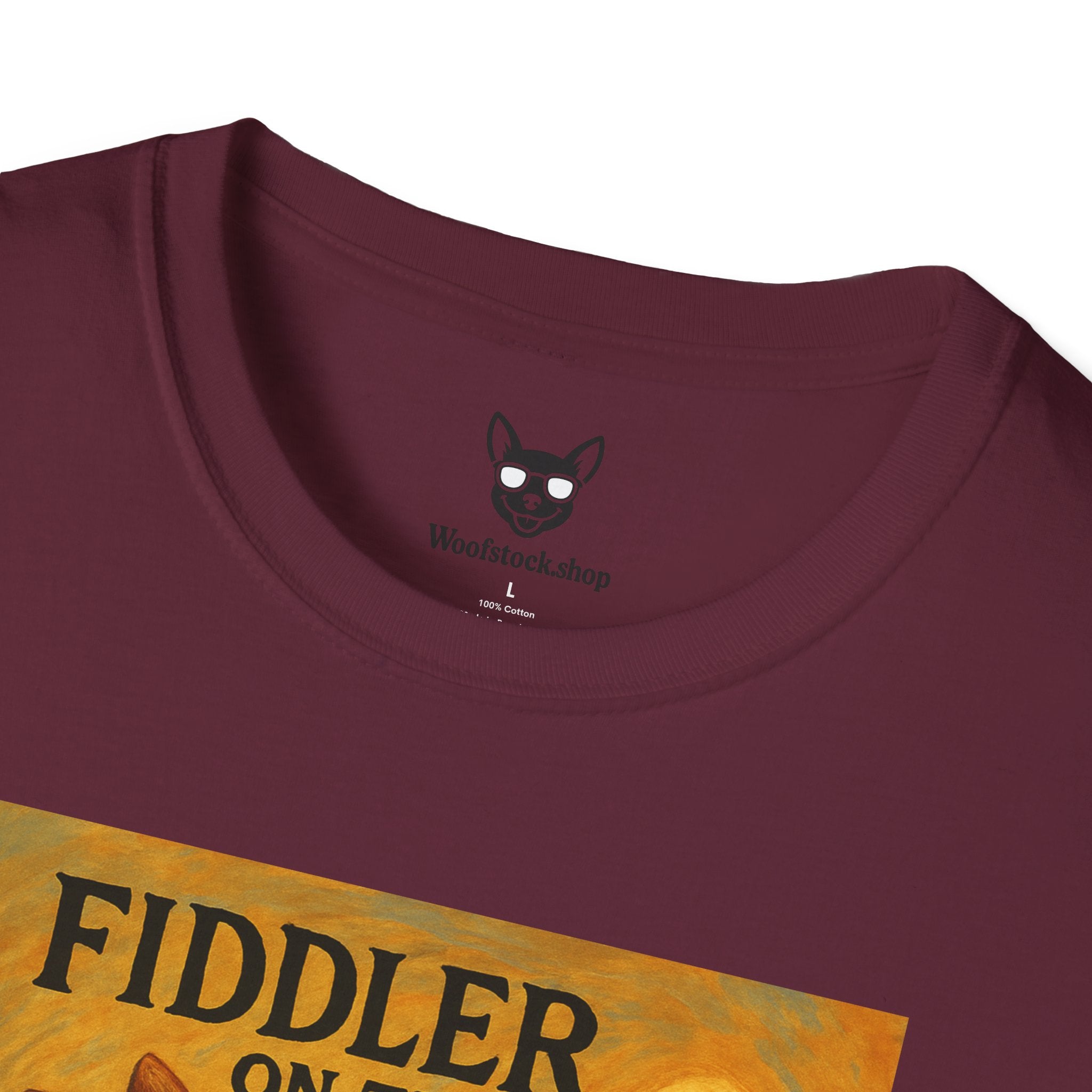 Fiddler on the Woof Broadway Poster Dog Parody Unisex Softstyle T-Shirt -- Funny Broadway Movie Tee for Theater and Dog Lovers