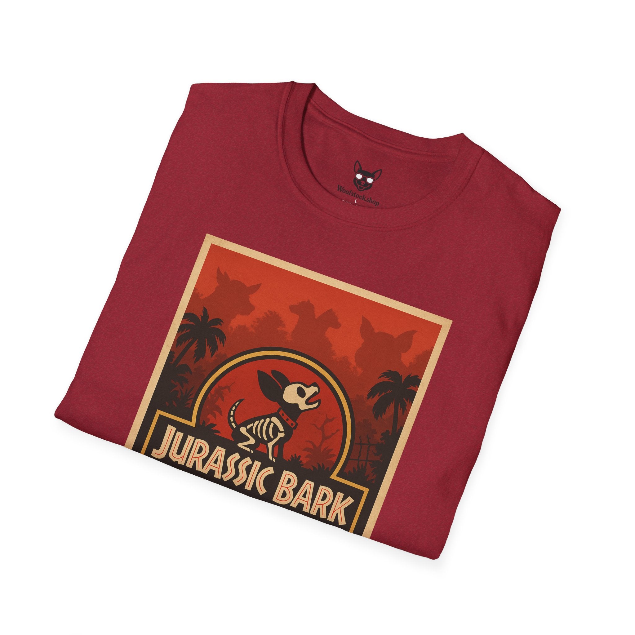Jurassic Park Movie Poster Dog Parody Unisex Softstyle T-Shirt -- Funny Dog Movie Tee for Film and Dog Lovers