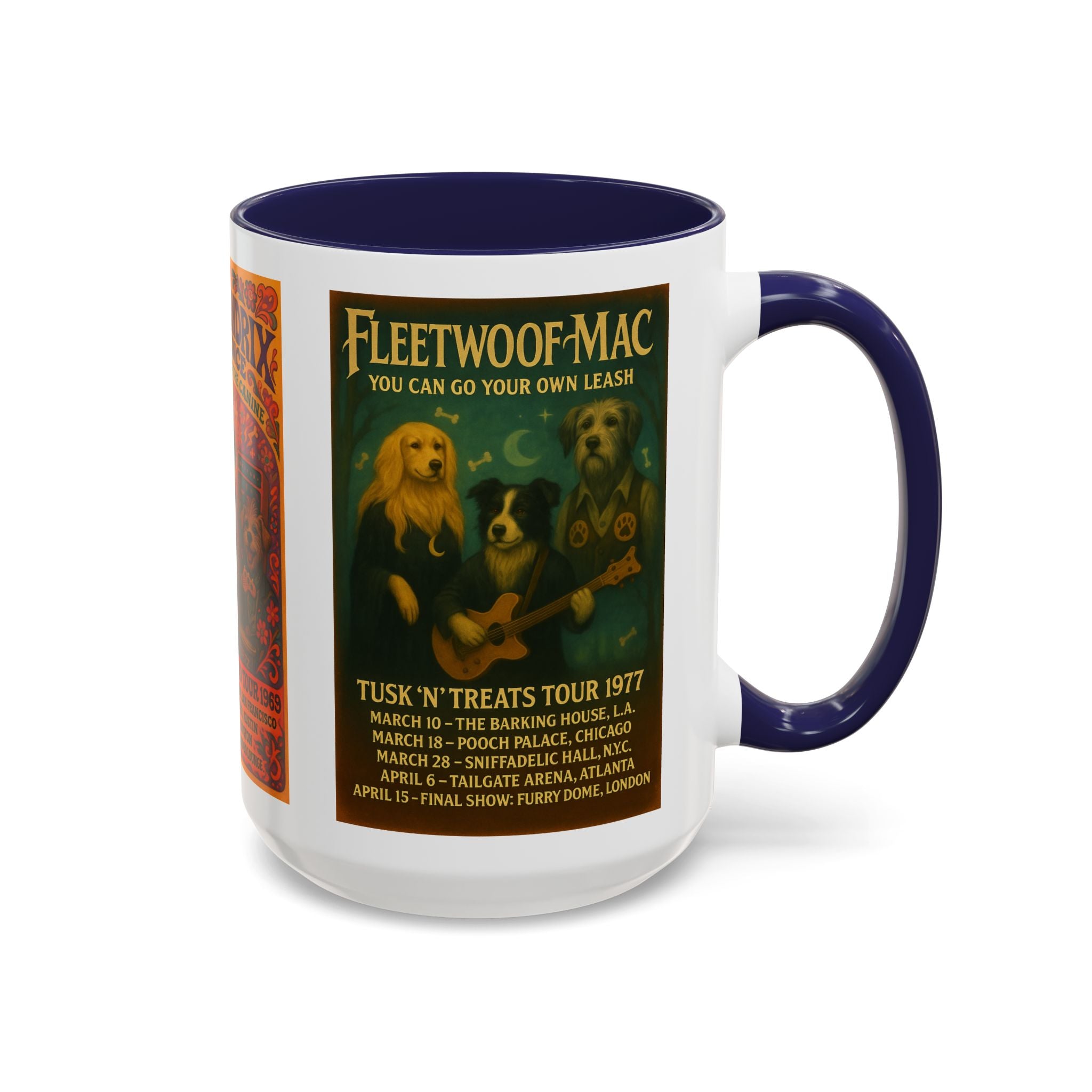 Concert Poster Dog Parody Mug – Funny Bruce Springsteen, Jimi Hendrix, and Fleetwood Mac Parody Gift