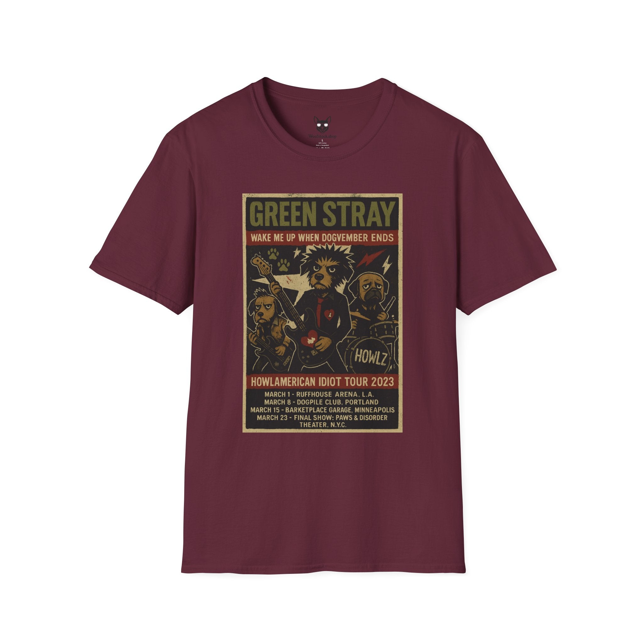 Green Day Concert Poster Dog Parody Unisex Softstyle T-Shirt – Funny Tee for Music and Dog Lovers