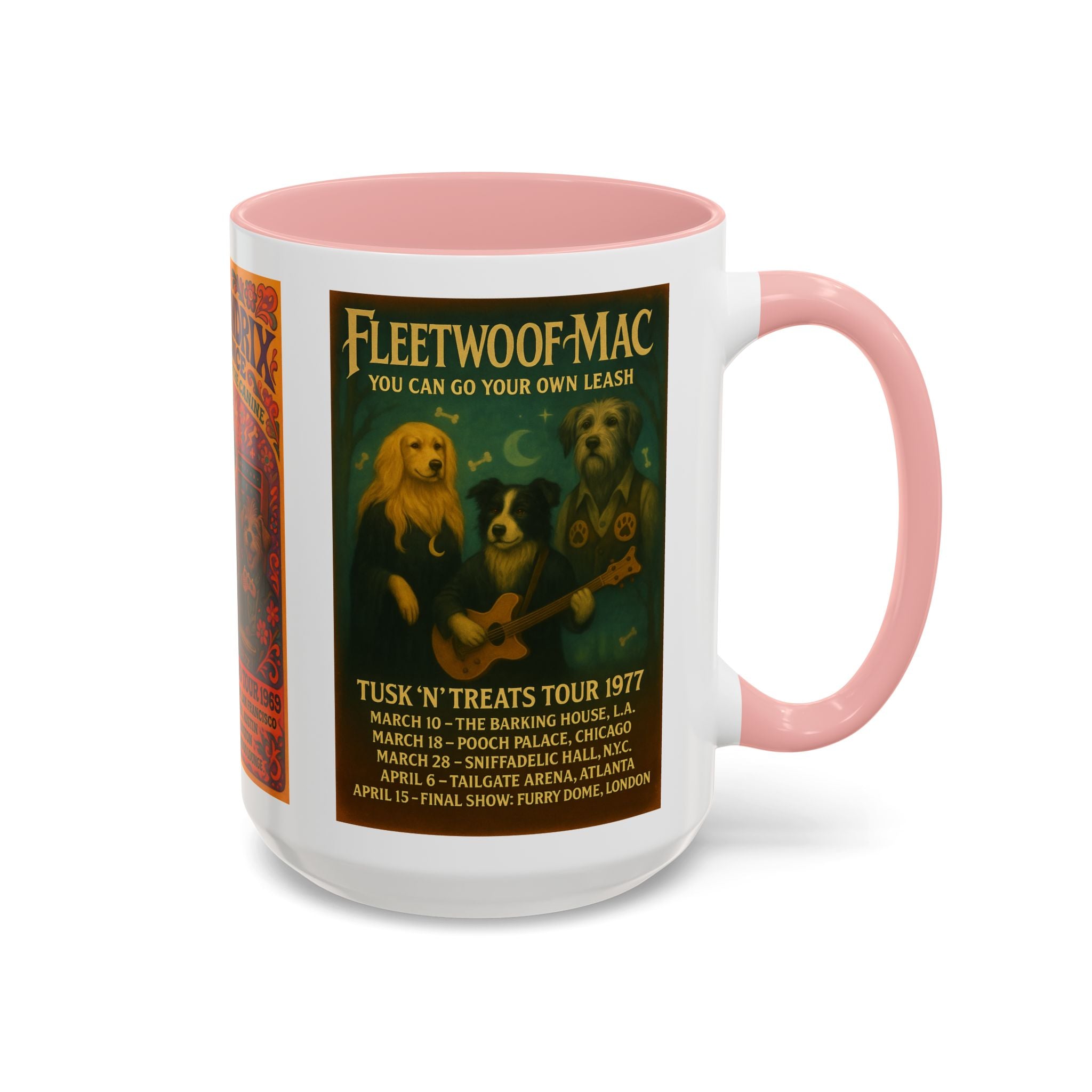 Concert Poster Dog Parody Mug – Funny Bruce Springsteen, Jimi Hendrix, and Fleetwood Mac Parody Gift