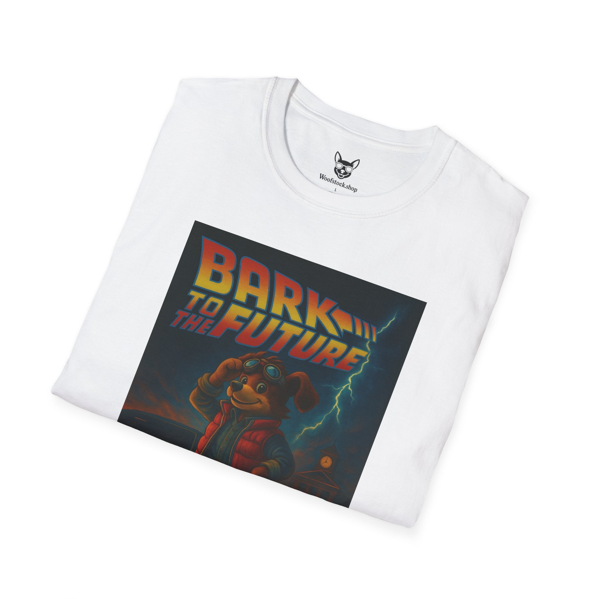 Back to the Future Movie Poster Dog Parody Unisex Softstyle T-Shirt -- Funny Dog Movie Tee for Film and Dog Lovers