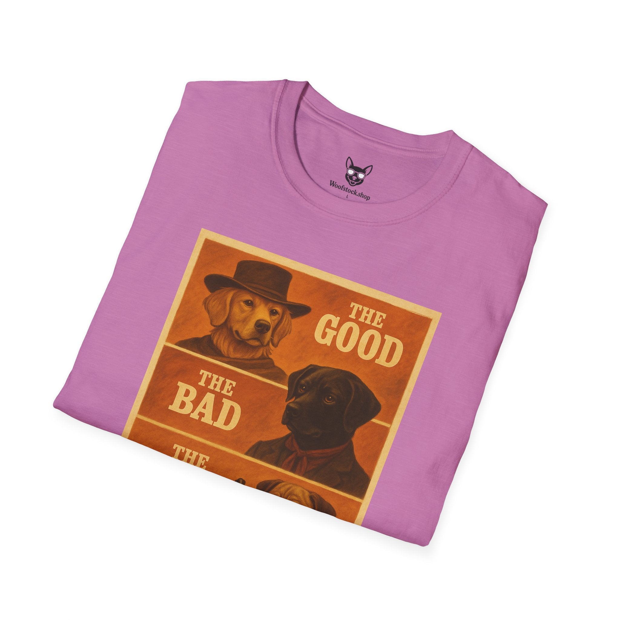The Good, The Bad, & The Ugly Movie Poster Dog Parody Unisex Softstyle T-Shirt – Funny Movie Tee for Film and Dog Lovers