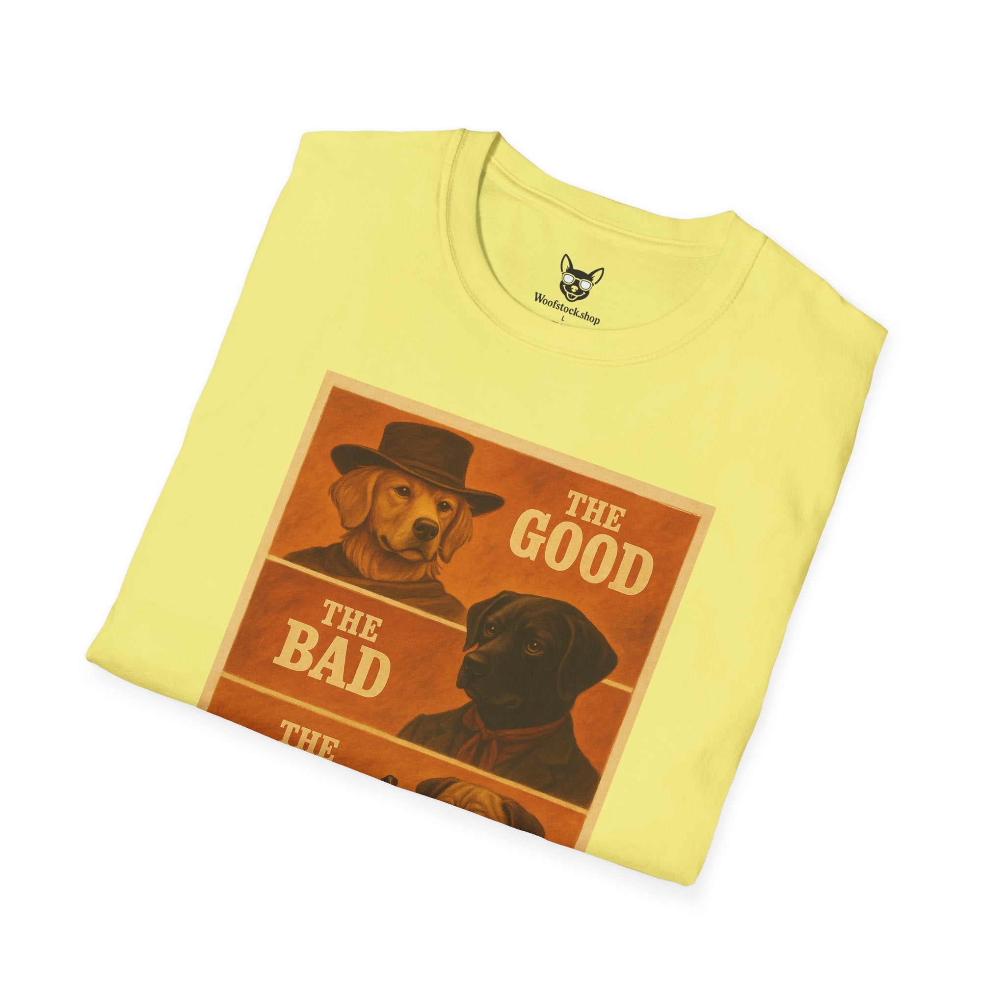 The Good, The Bad, & The Ugly Movie Poster Dog Parody Unisex Softstyle T-Shirt – Funny Movie Tee for Film and Dog Lovers