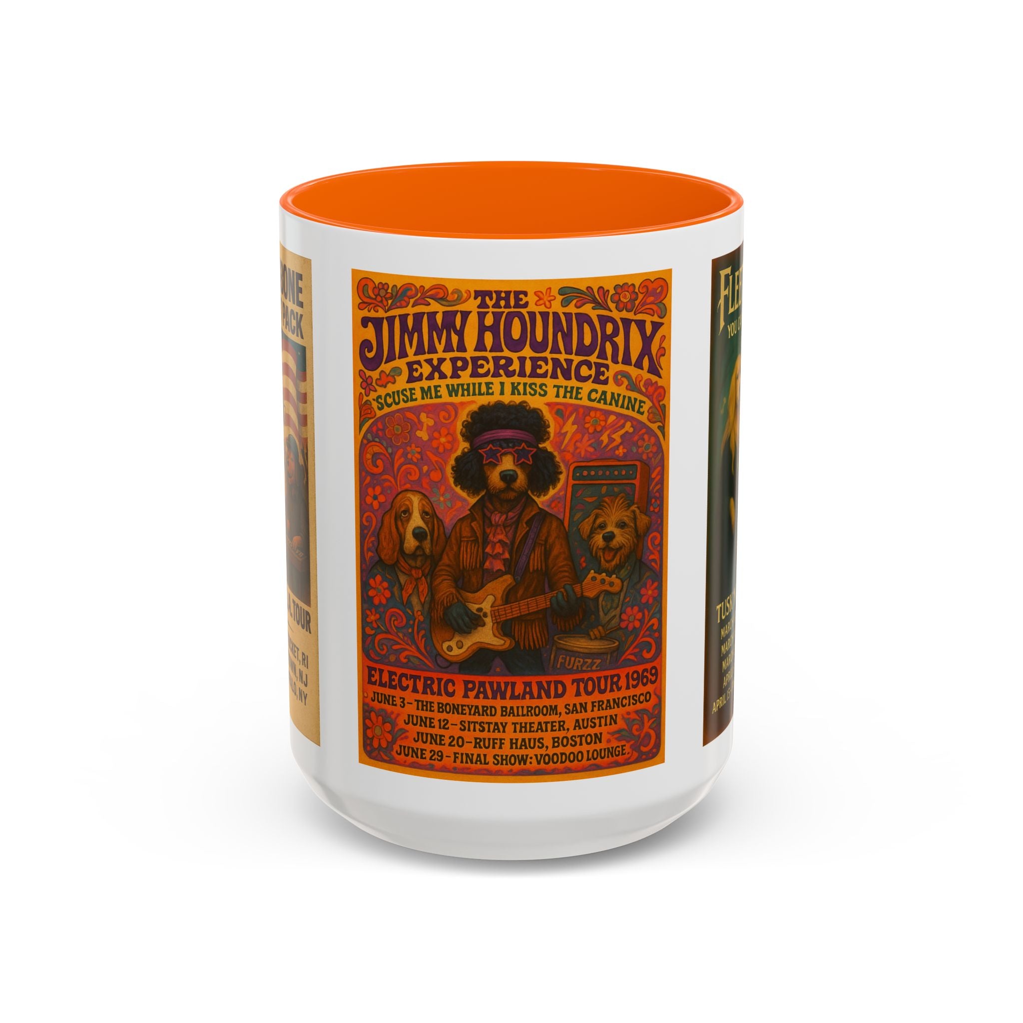 Concert Poster Dog Parody Mug – Funny Bruce Springsteen, Jimi Hendrix, and Fleetwood Mac Parody Gift