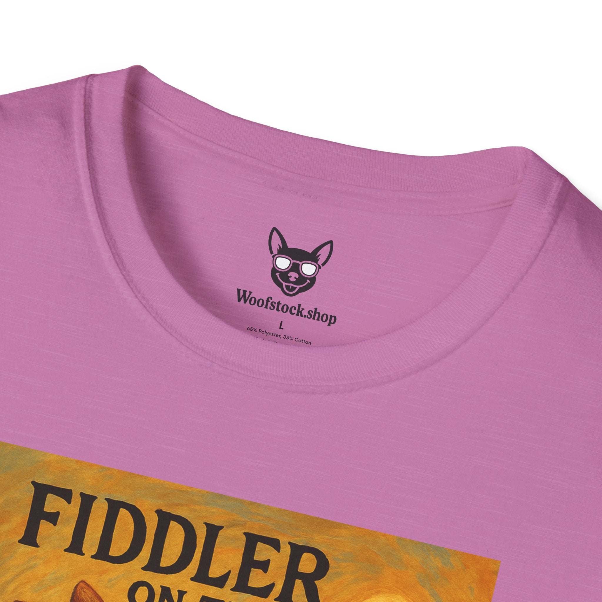 Fiddler on the Woof Broadway Poster Dog Parody Unisex Softstyle T-Shirt -- Funny Broadway Movie Tee for Theater and Dog Lovers