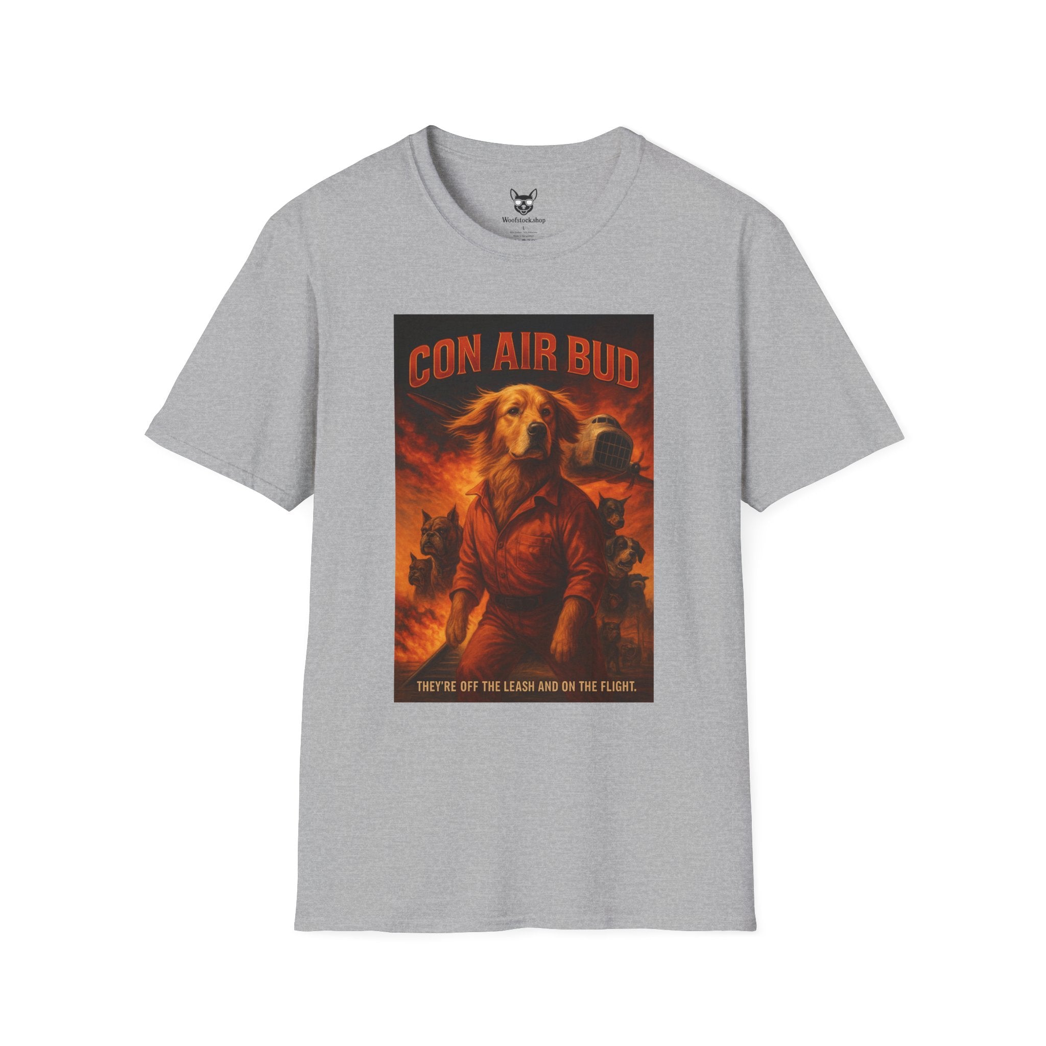 Con Air Movie Poster Dog Parody Unisex Softstyle T-Shirt – Funny Action Movie Tee for Film and Dog Lovers