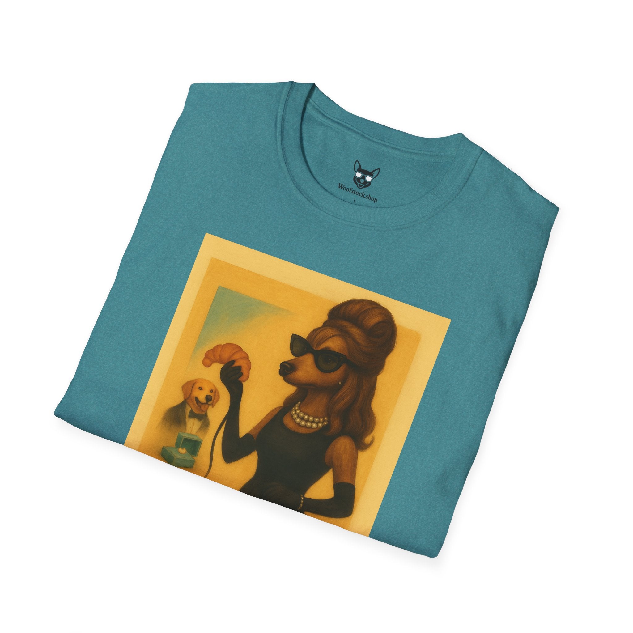 Breakfast at Tiffany's Movie Poster Dog Parody Unisex Softstyle T-Shirt -- Funny Audrey Hepburn Movie Tee for Film and Dog Lovers