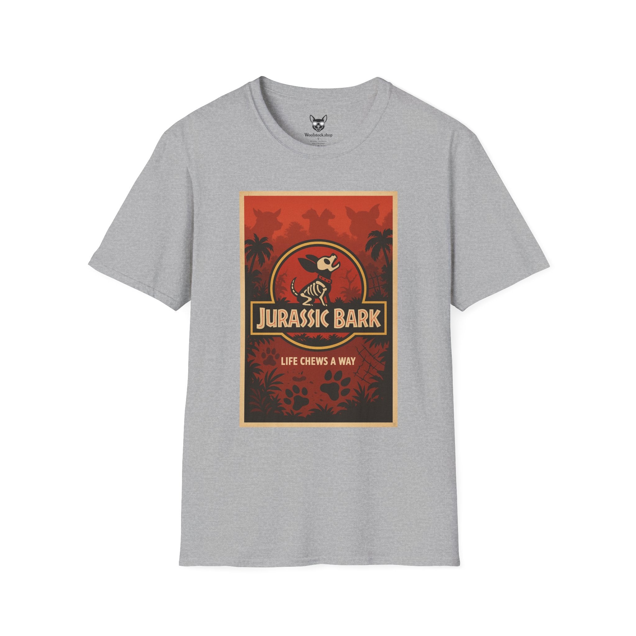 Jurassic Park Movie Poster Dog Parody Unisex Softstyle T-Shirt -- Funny Dog Movie Tee for Film and Dog Lovers