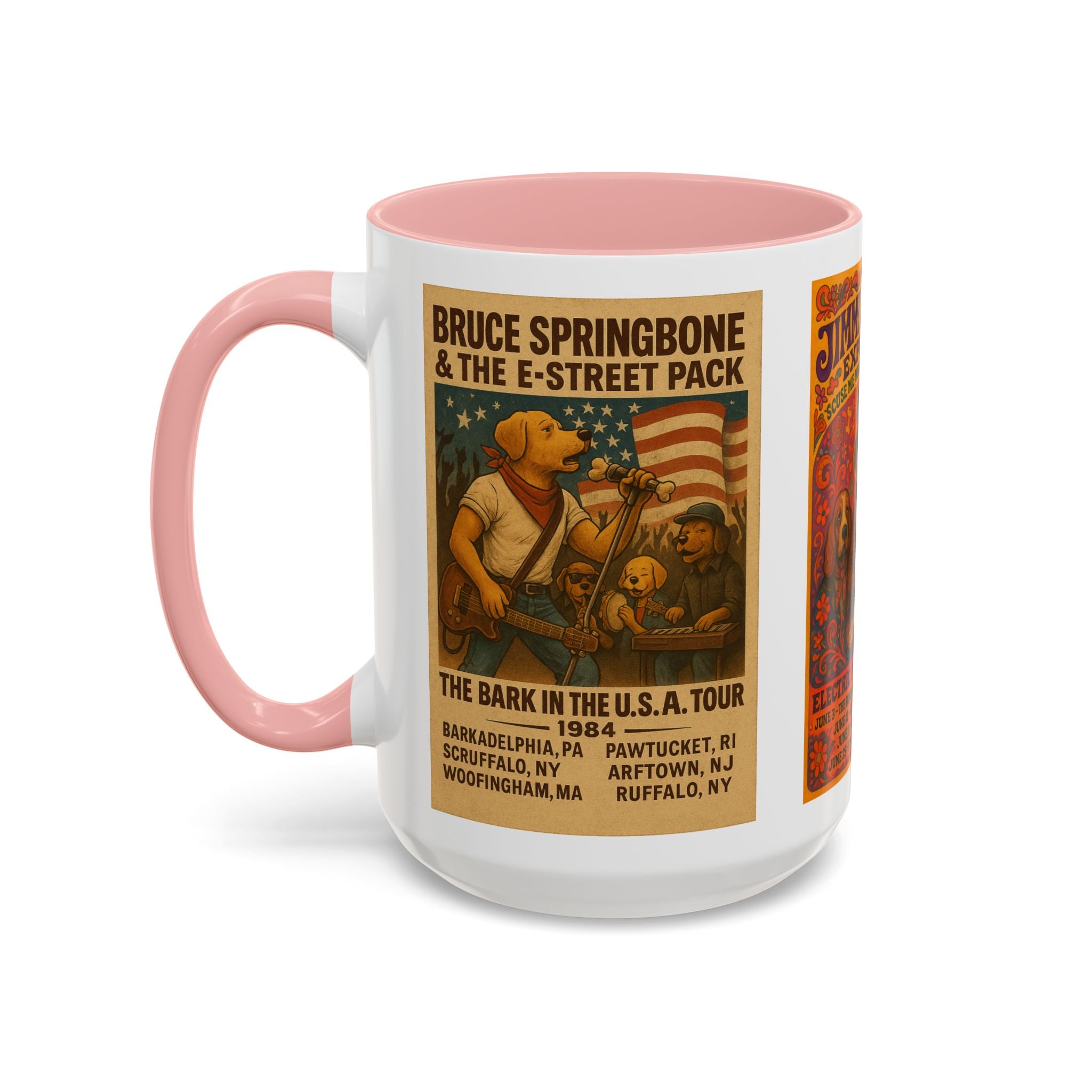 Concert Poster Dog Parody Mug – Funny Bruce Springsteen, Jimi Hendrix, and Fleetwood Mac Parody Gift