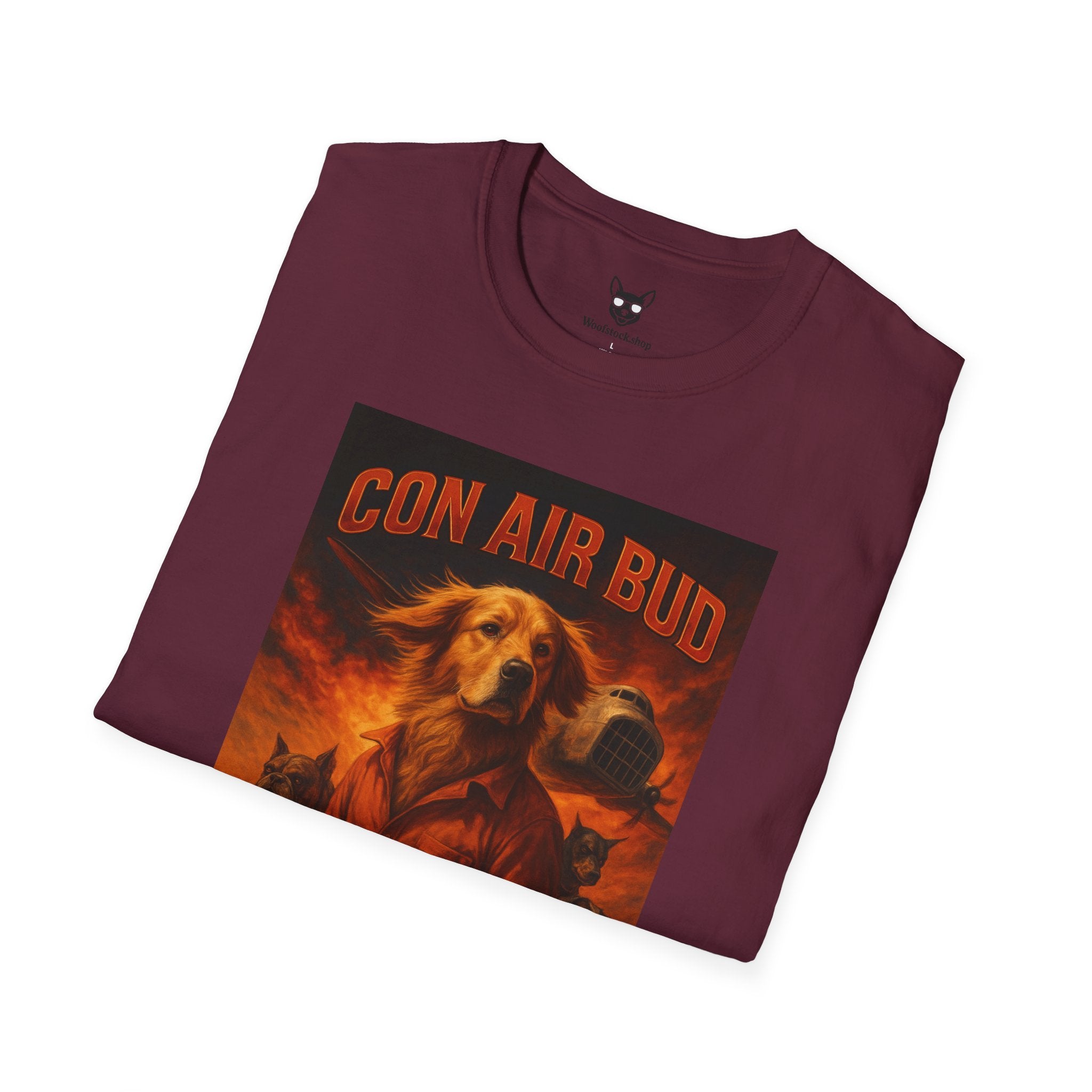 Con Air Movie Poster Dog Parody Unisex Softstyle T-Shirt – Funny Action Movie Tee for Film and Dog Lovers