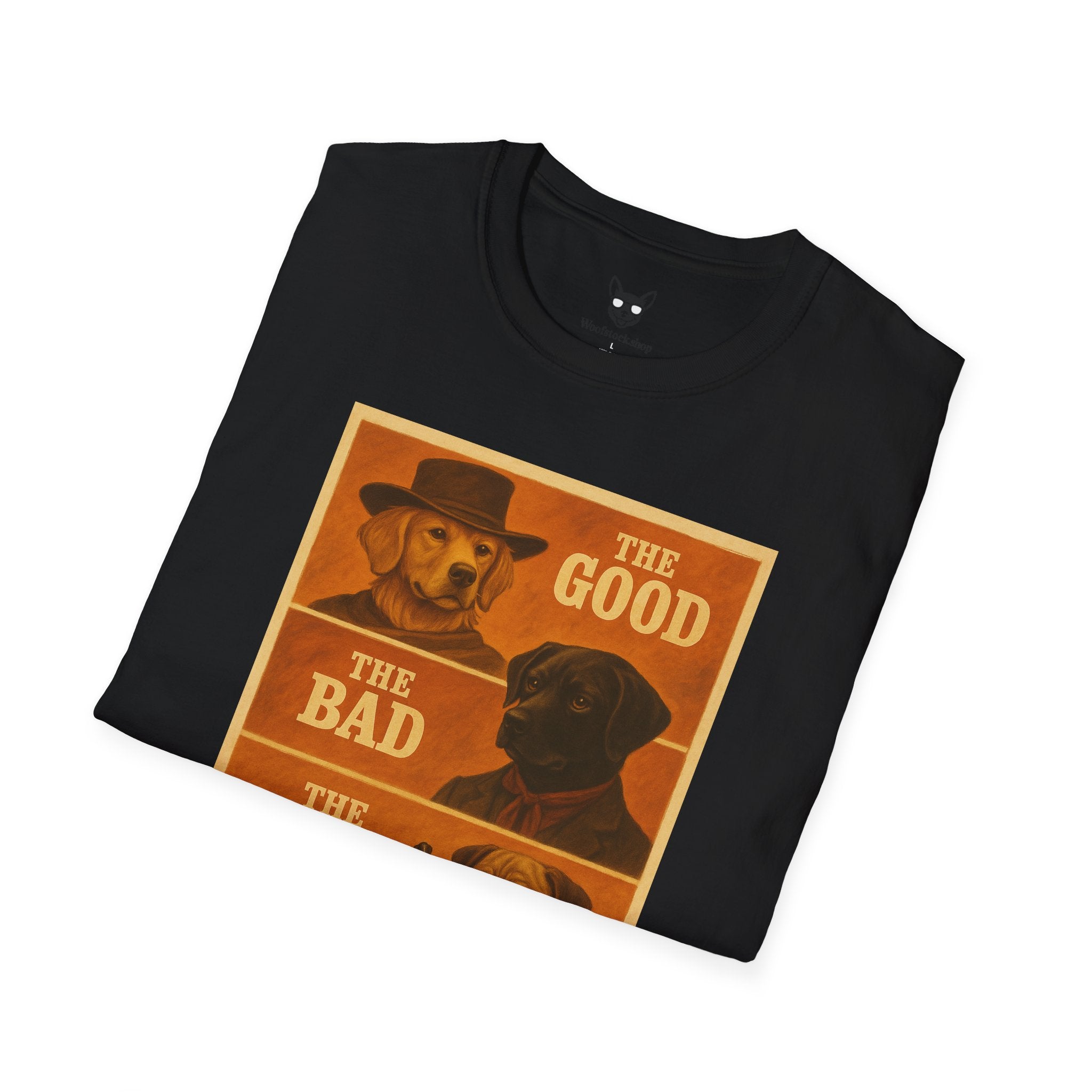 The Good, The Bad, & The Ugly Movie Poster Dog Parody Unisex Softstyle T-Shirt – Funny Movie Tee for Film and Dog Lovers
