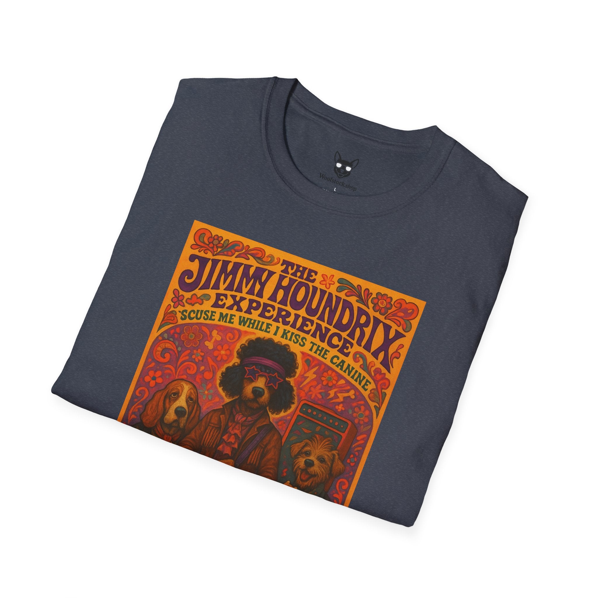 Jimi Hendrix Concert Poster Dog Parody Unisex Softstyle T-Shirt -- Funny Rock Tee for Music and Dog Lovers