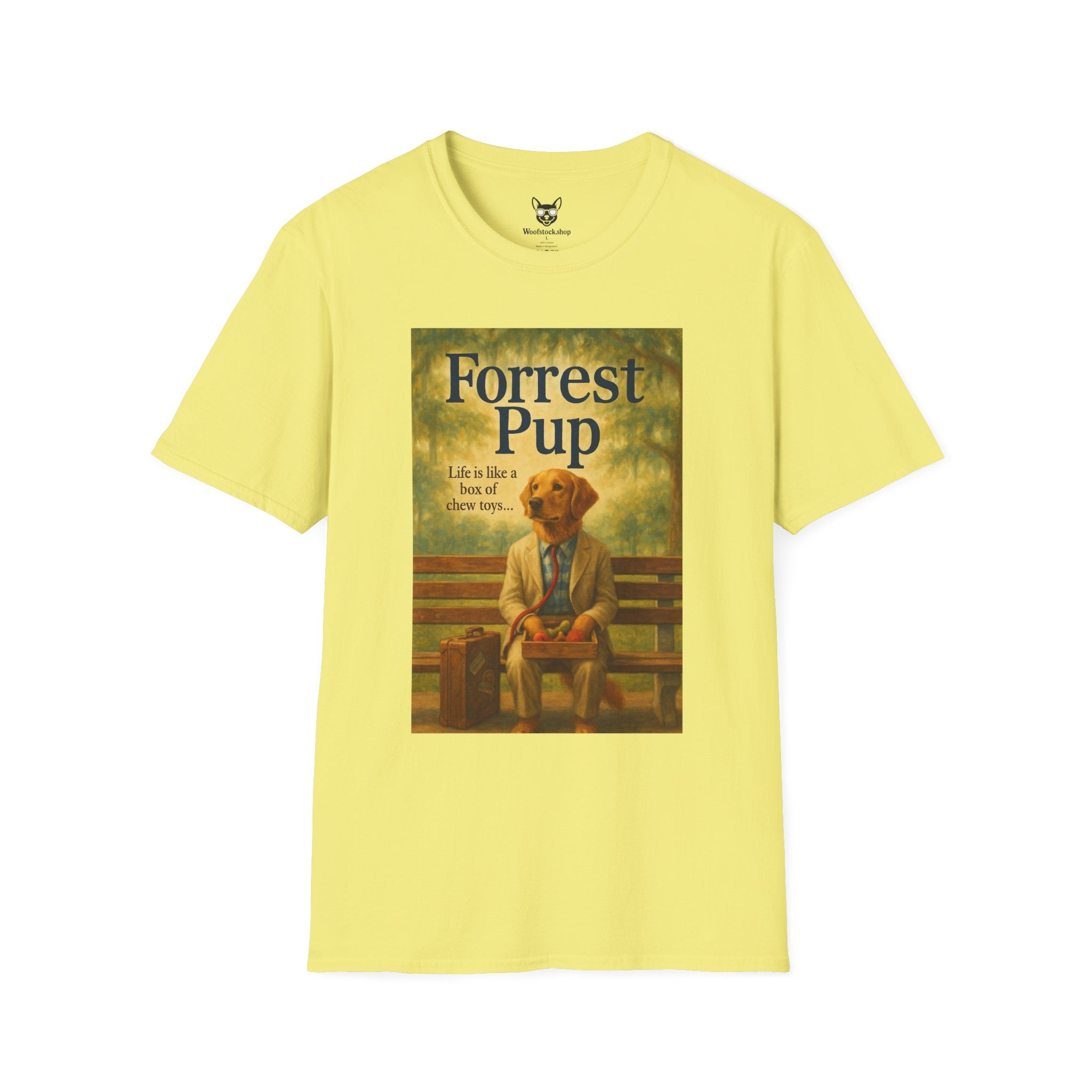 Forrest Gump Movie Poster Dog Parody Unisex Softstyle T-Shirt -- Funny Dog Movie Tee for Film and Dog Lovers