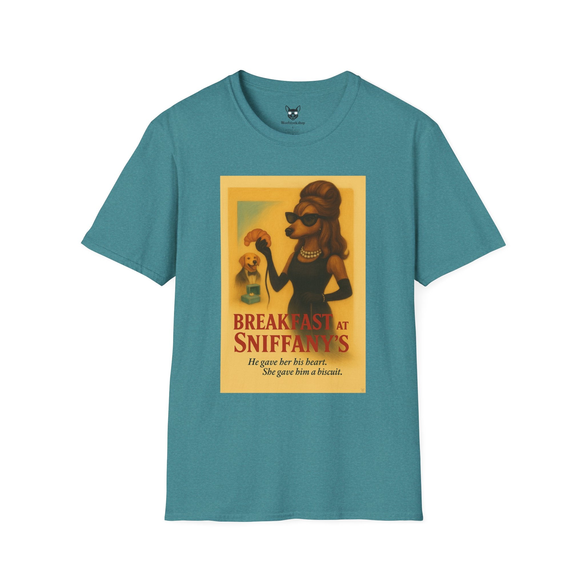 Breakfast at Tiffany's Movie Poster Dog Parody Unisex Softstyle T-Shirt -- Funny Audrey Hepburn Movie Tee for Film and Dog Lovers