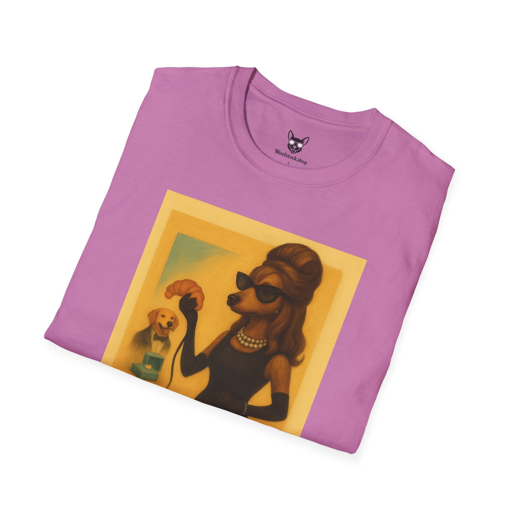 Breakfast at Tiffany's Movie Poster Dog Parody Unisex Softstyle T-Shirt -- Funny Audrey Hepburn Movie Tee for Film and Dog Lovers