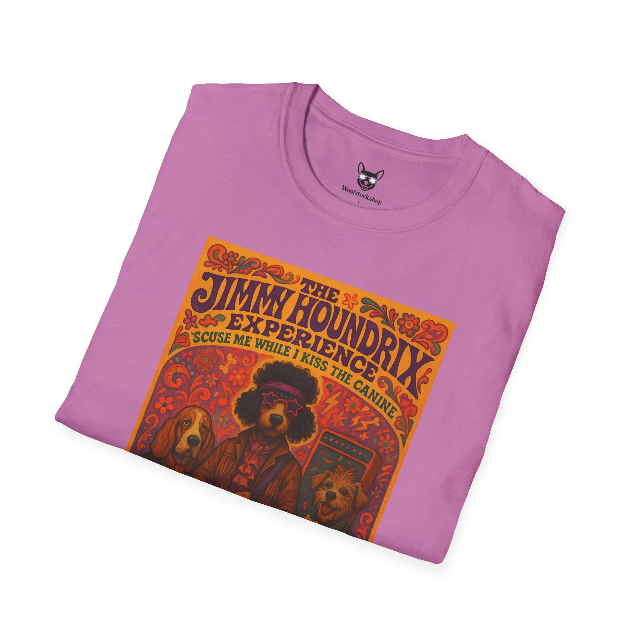 Jimi Hendrix Concert Poster Dog Parody Unisex Softstyle T-Shirt -- Funny Rock Tee for Music and Dog Lovers