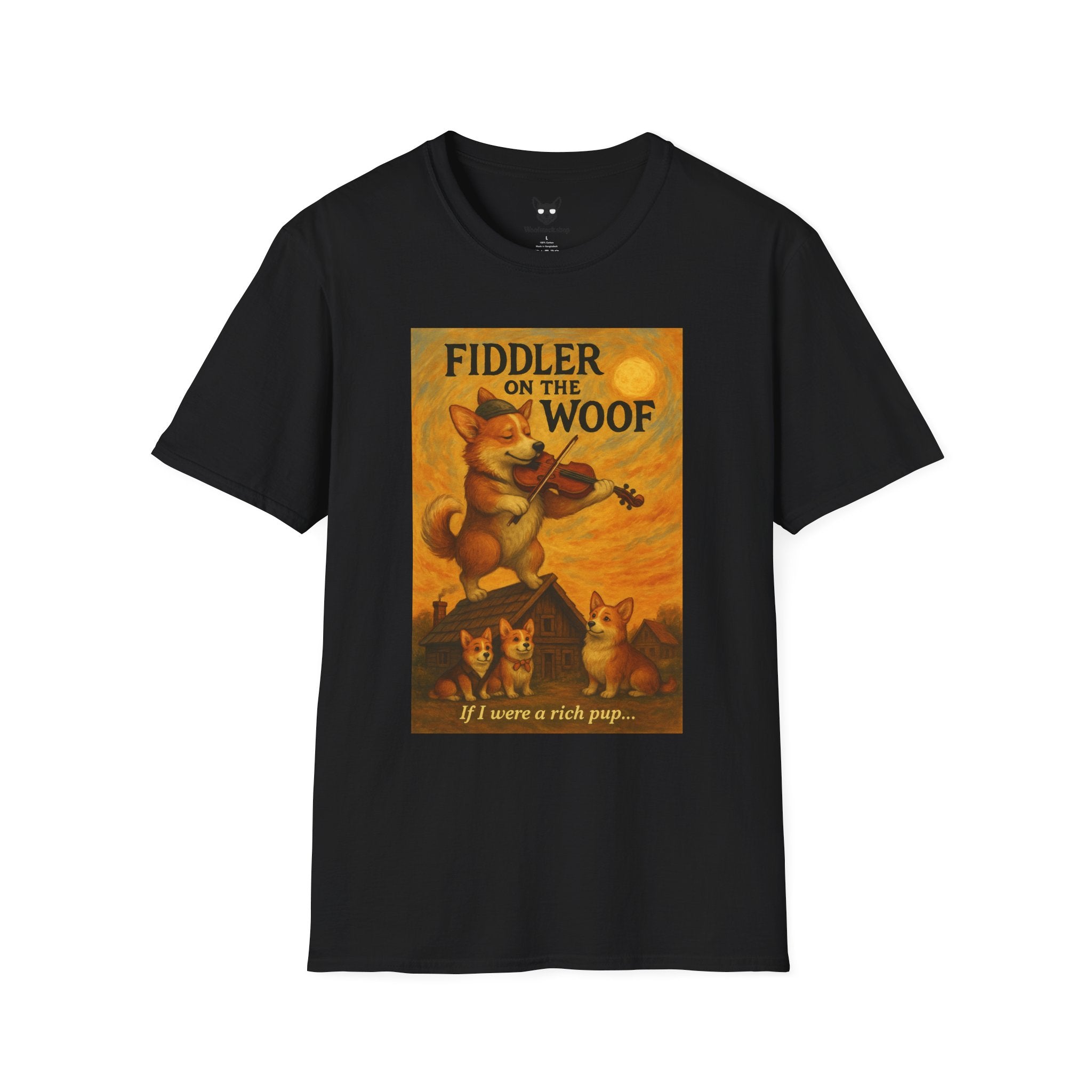 Fiddler on the Woof Broadway Poster Dog Parody Unisex Softstyle T-Shirt -- Funny Broadway Movie Tee for Theater and Dog Lovers