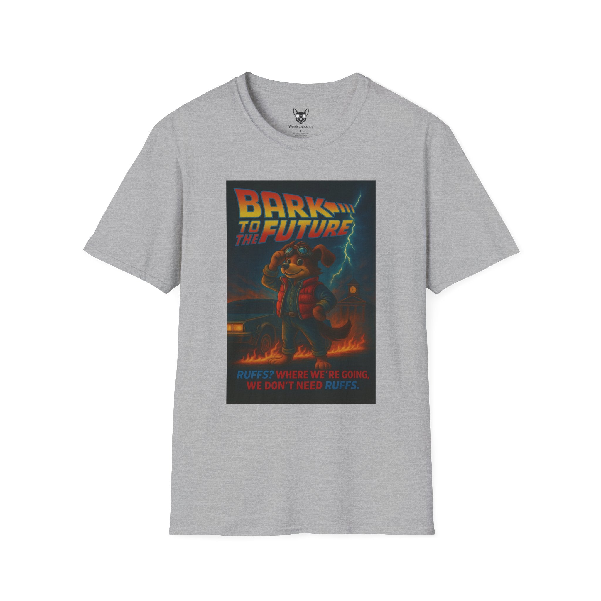 Back to the Future Movie Poster Dog Parody Unisex Softstyle T-Shirt -- Funny Dog Movie Tee for Film and Dog Lovers