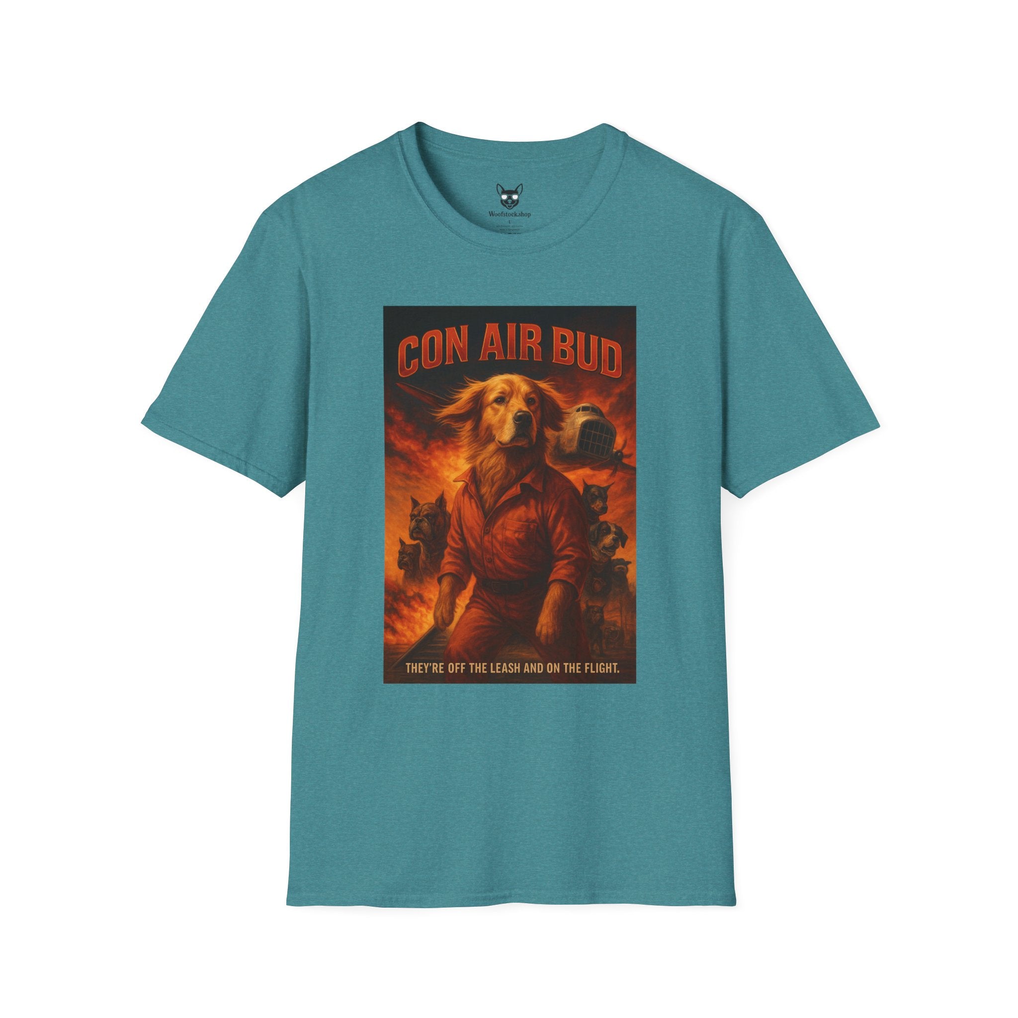Con Air Movie Poster Dog Parody Unisex Softstyle T-Shirt – Funny Action Movie Tee for Film and Dog Lovers