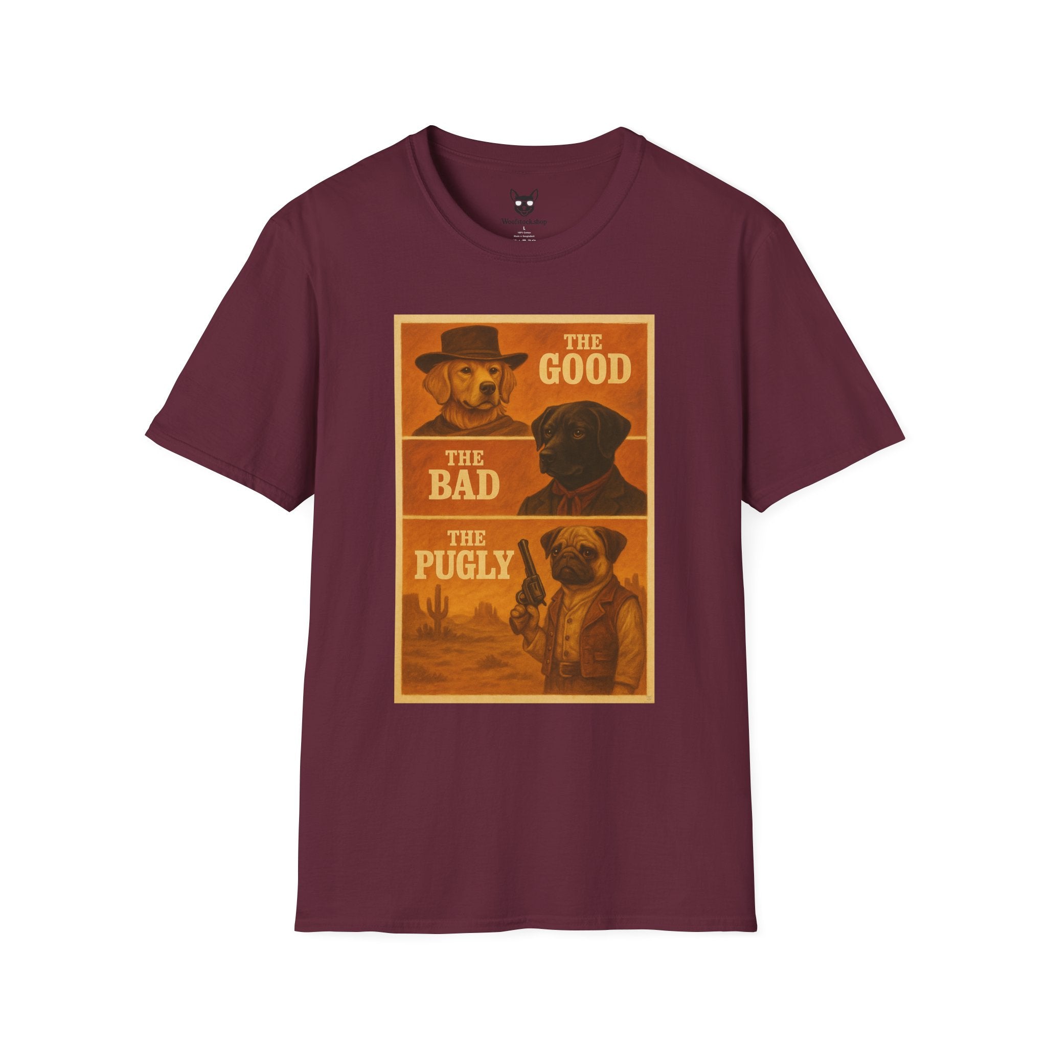 The Good, The Bad, & The Ugly Movie Poster Dog Parody Unisex Softstyle T-Shirt – Funny Movie Tee for Film and Dog Lovers